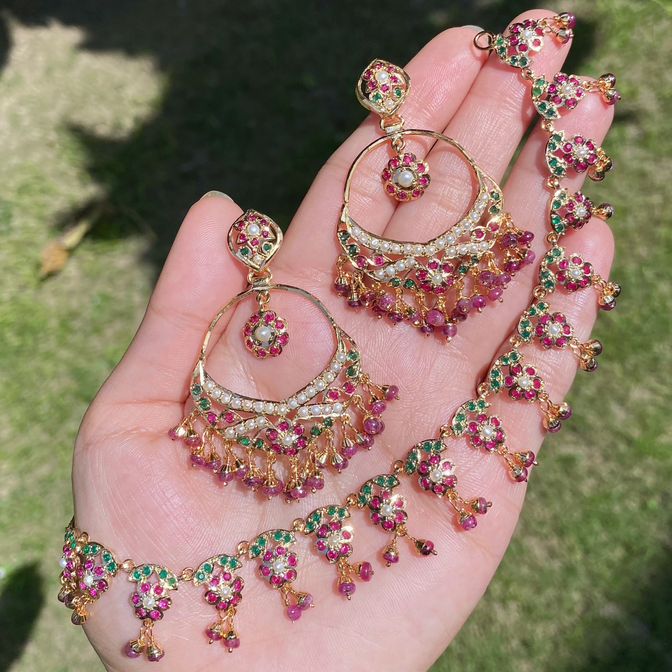 Delicate Jadau Necklace Set | Dainty Necklace & Chandbalis NS 484