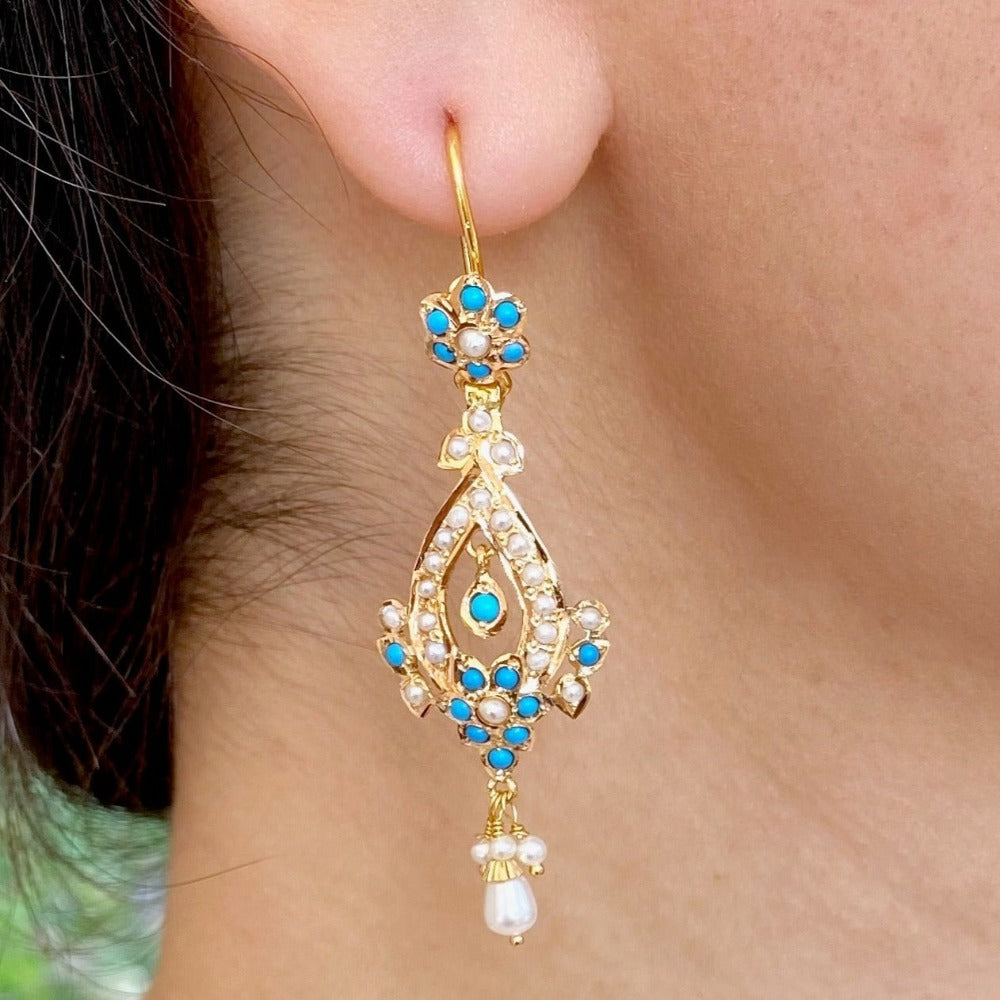 Fish-hook Gold Earrings Set with Pearls & Turquoises GER 042