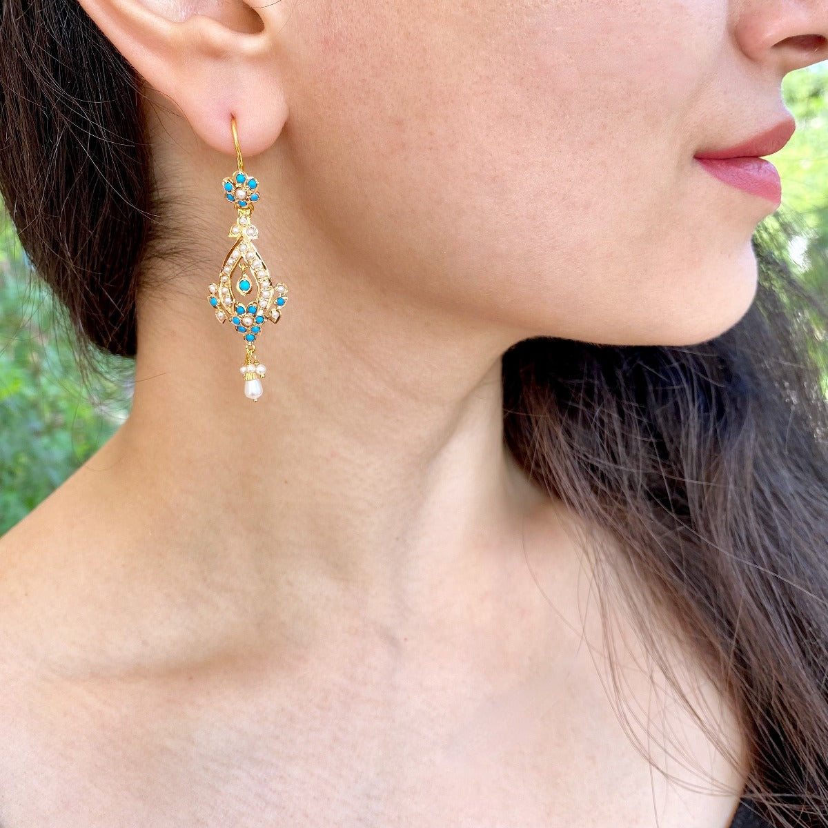 Fish-hook Gold Earrings Set with Pearls & Turquoises GER 042