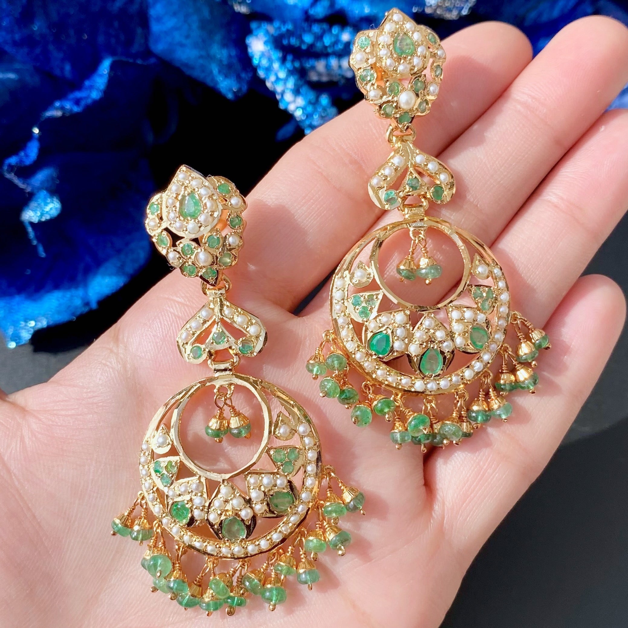 real emerald and real pearl chandbalis