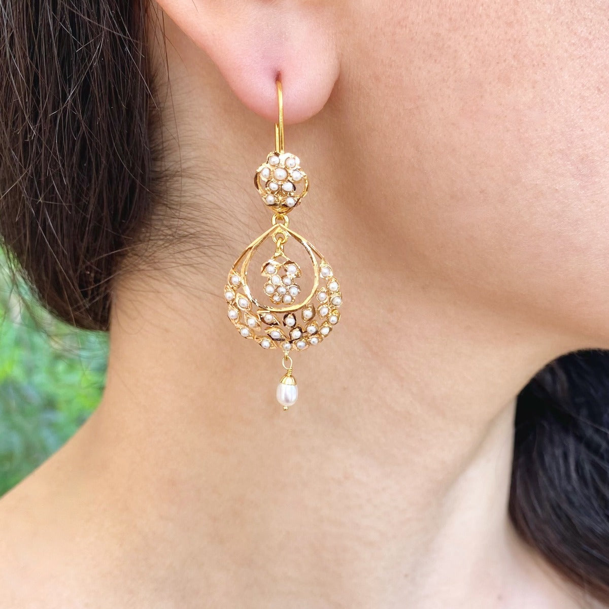 Light Weight Hyderabadi Pearl Chandbali Earrings in 22k Gold Handcrafted using Traditional Jadau Jewelry making Technique GER 049