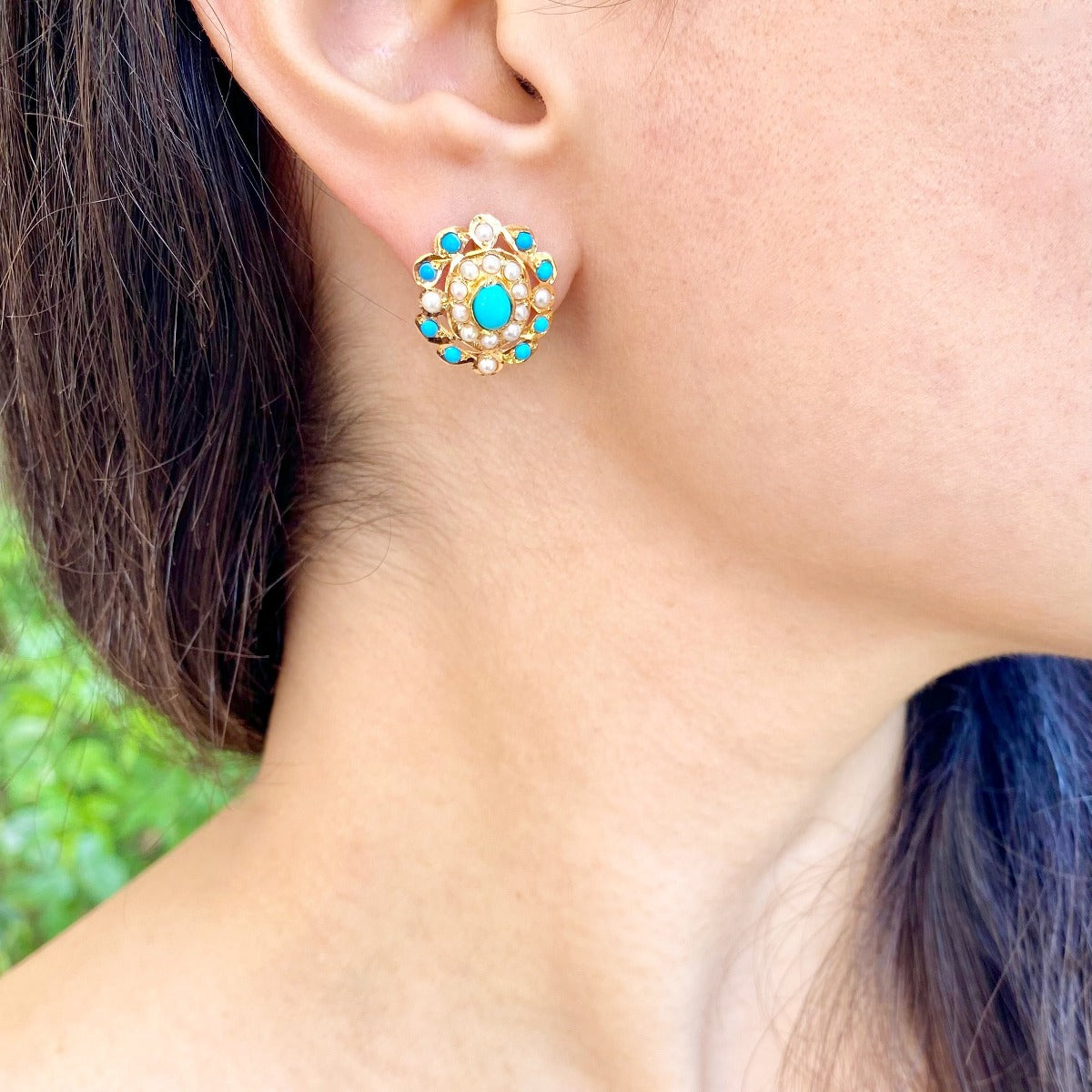 Pearl & Turquoise Studs | 22K Gold | Firoza Tops GER 050A