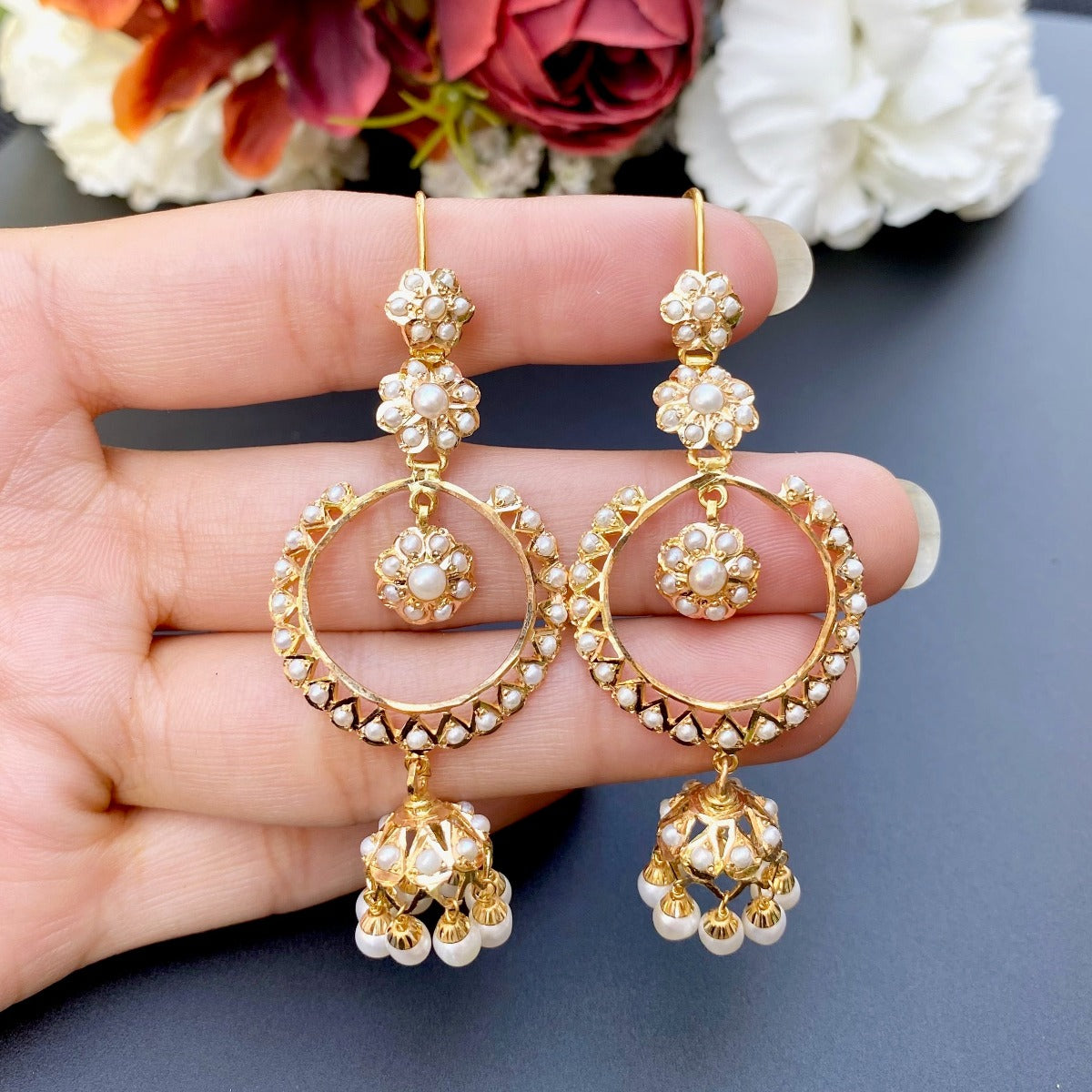 long chandbali with jhumka gold