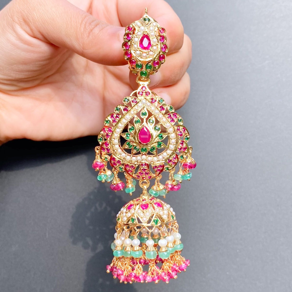 traditional indian / rajasthani jadau jhumka earrings in gold plated silver