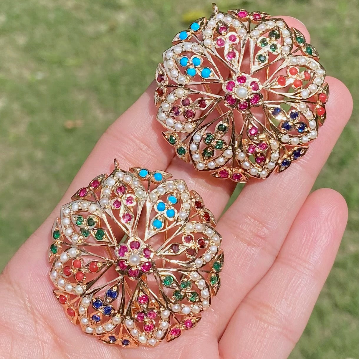 Statement Navaratna Studs | Large Round Tops For Women | Indian Gold Plated Silver Jewelry ER 657