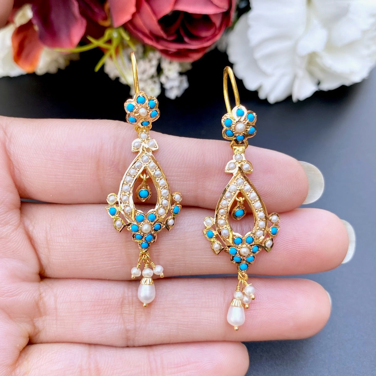 Fish-hook Gold Earrings Set with Pearls & Turquoises GER 042