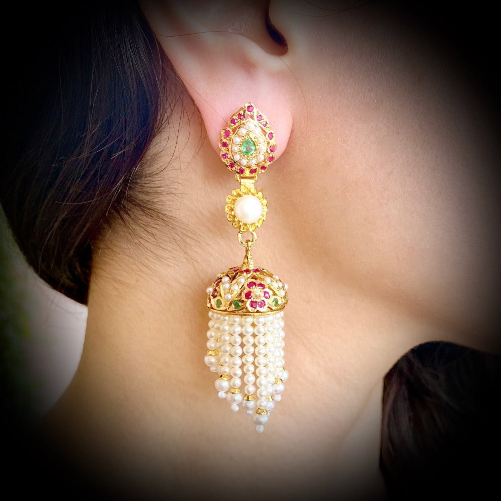 Jadau Jhumki & Pearl Strands in 22k Gold GER 009