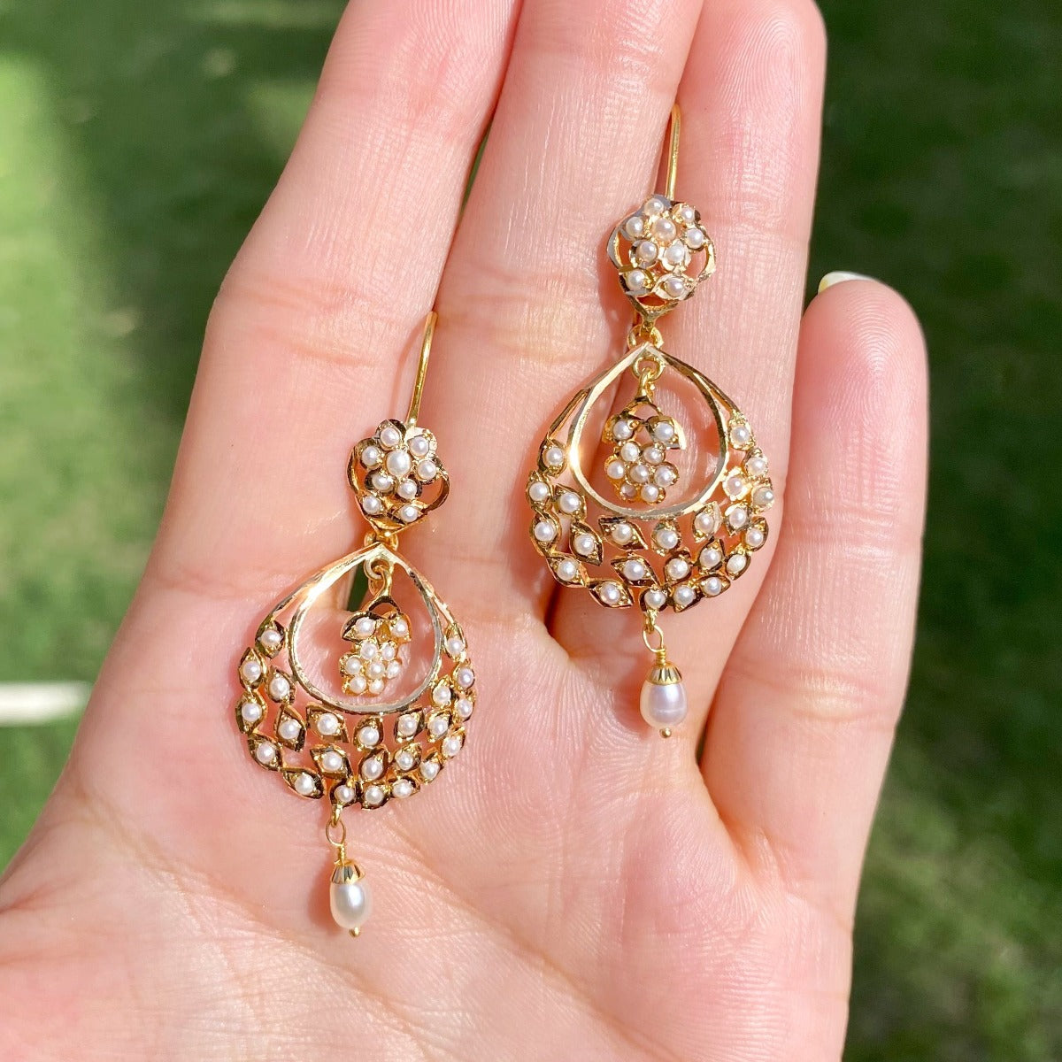 Light Weight Hyderabadi Pearl Chandbali Earrings in 22k Gold Handcrafted using Traditional Jadau Jewelry making Technique GER 049