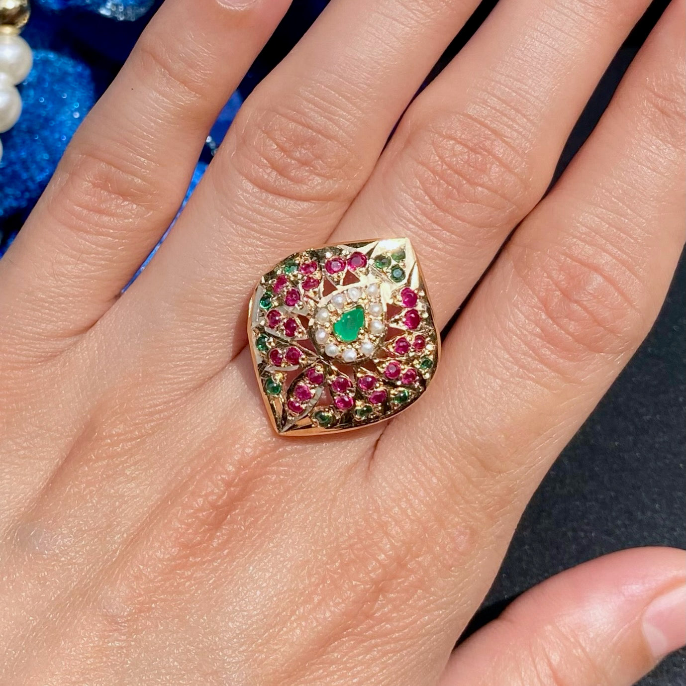 Buy Ladies Ring Online | Delicate Ruby Emerald Pearl Ring | LR 039