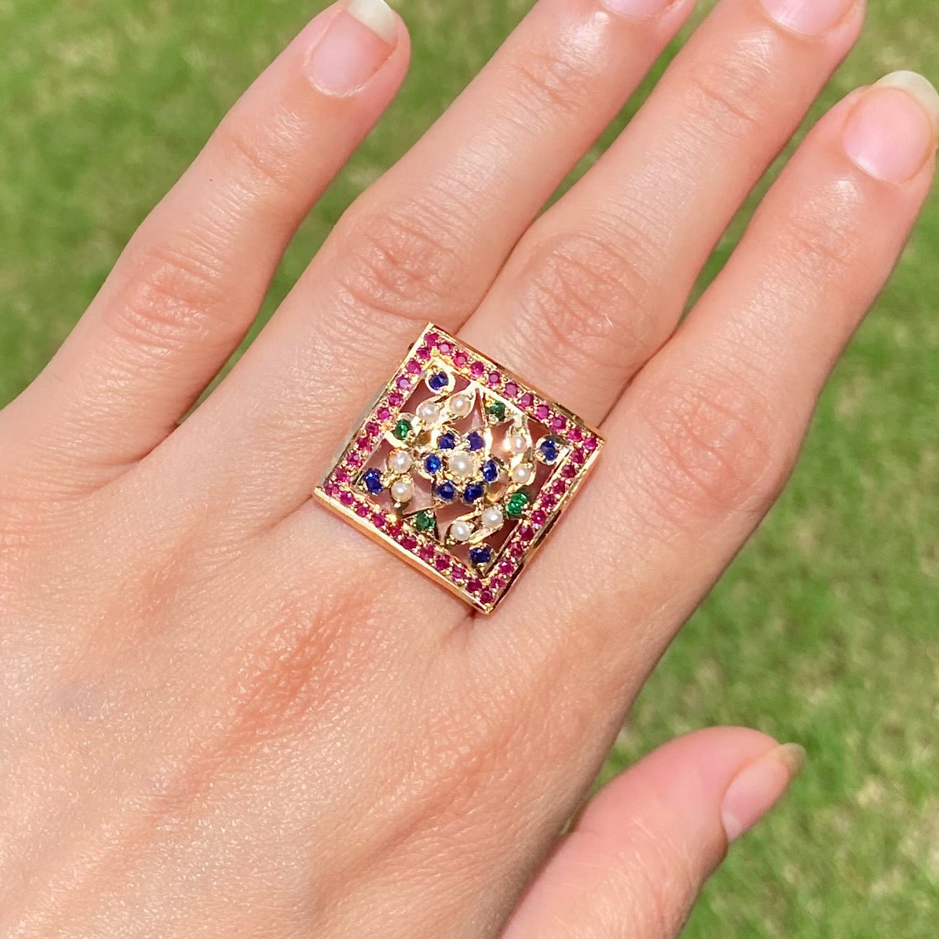 Gold Plated Silver Jewelry Online | Multicoloured Square Jadau Ring | LR 042