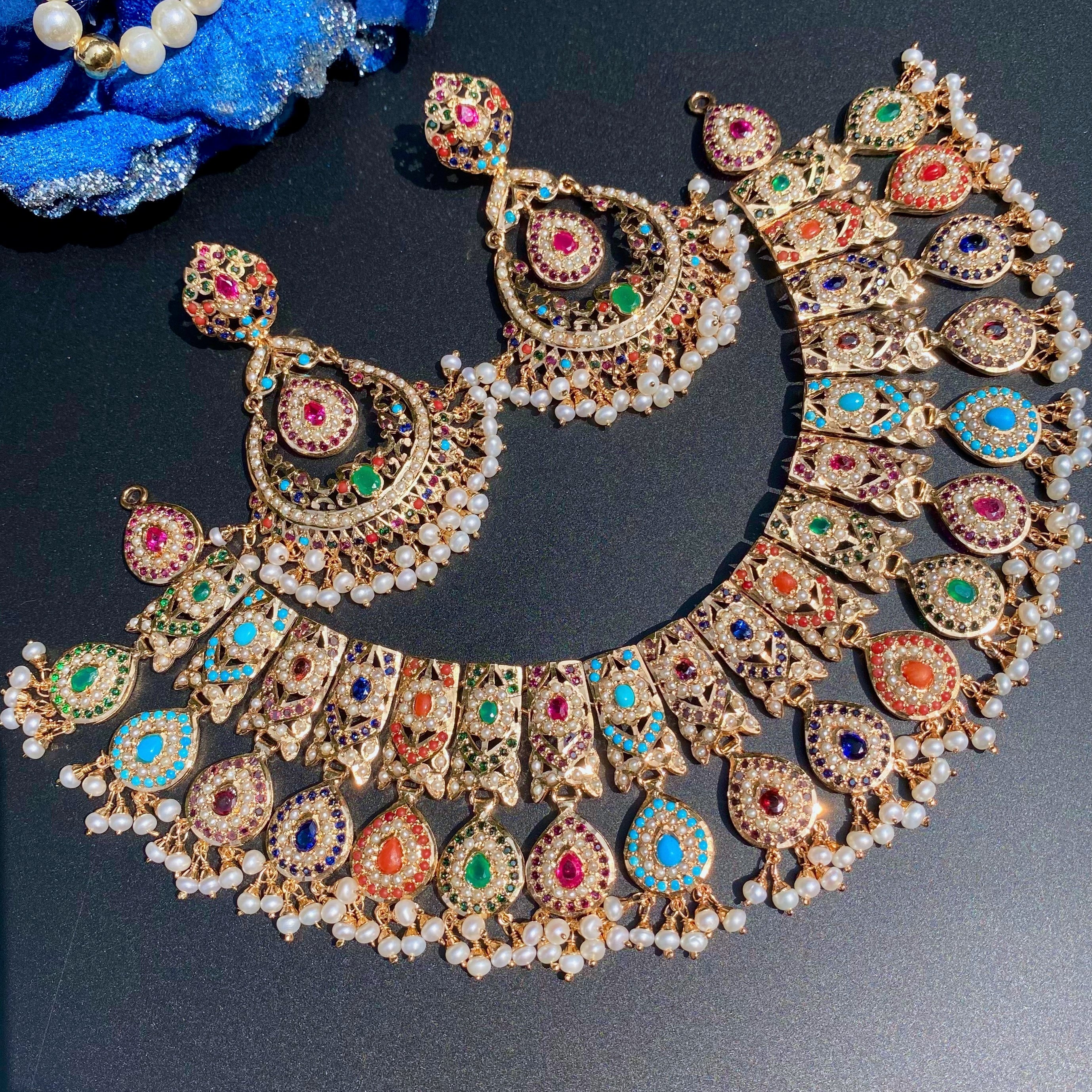 Statement Bridal Navrattan Necklace Set | Bridal Jadau Jewellery | Statement Jewellery Pieces | NS 498