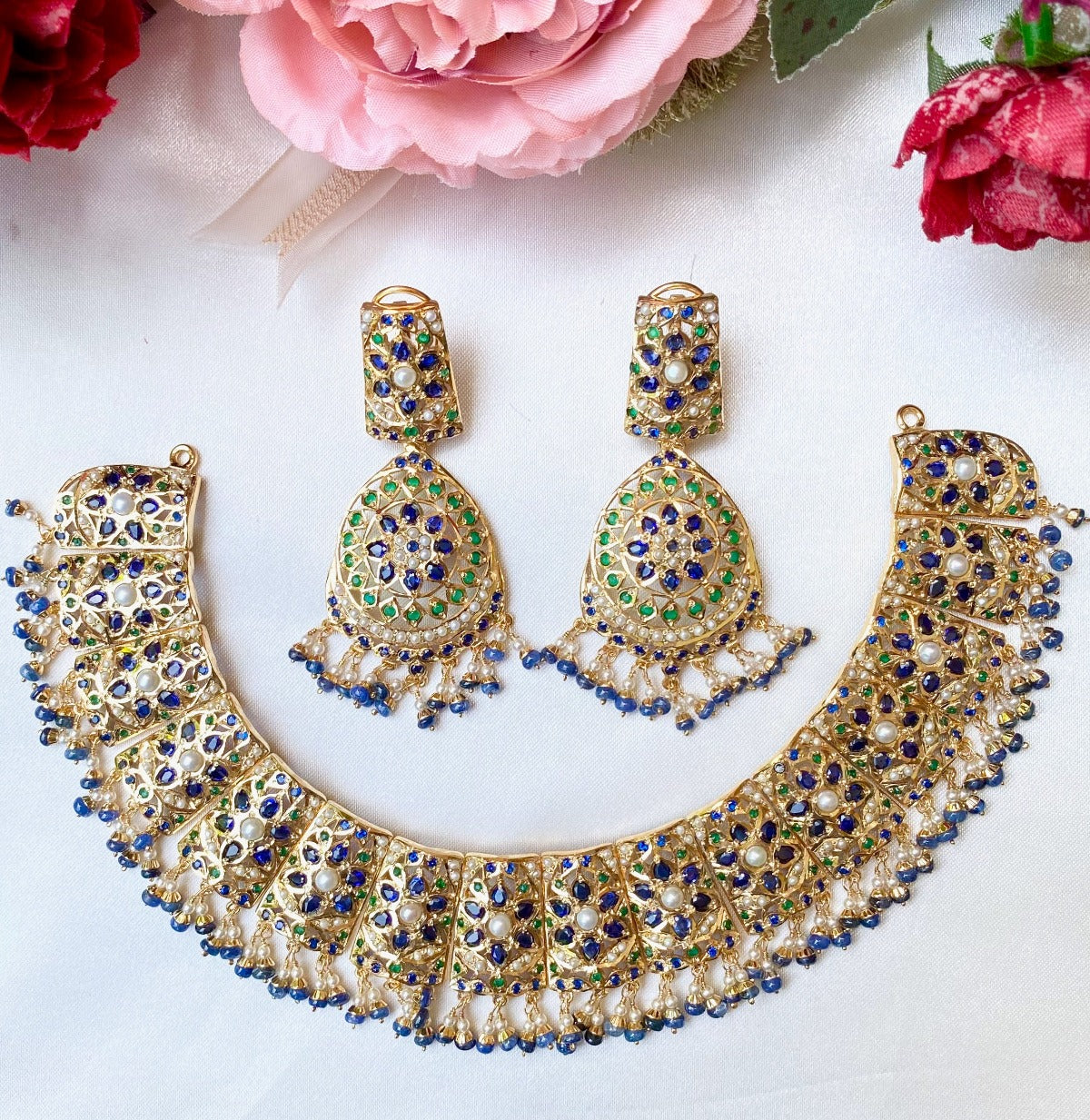 blue sapphire jadau necklace set