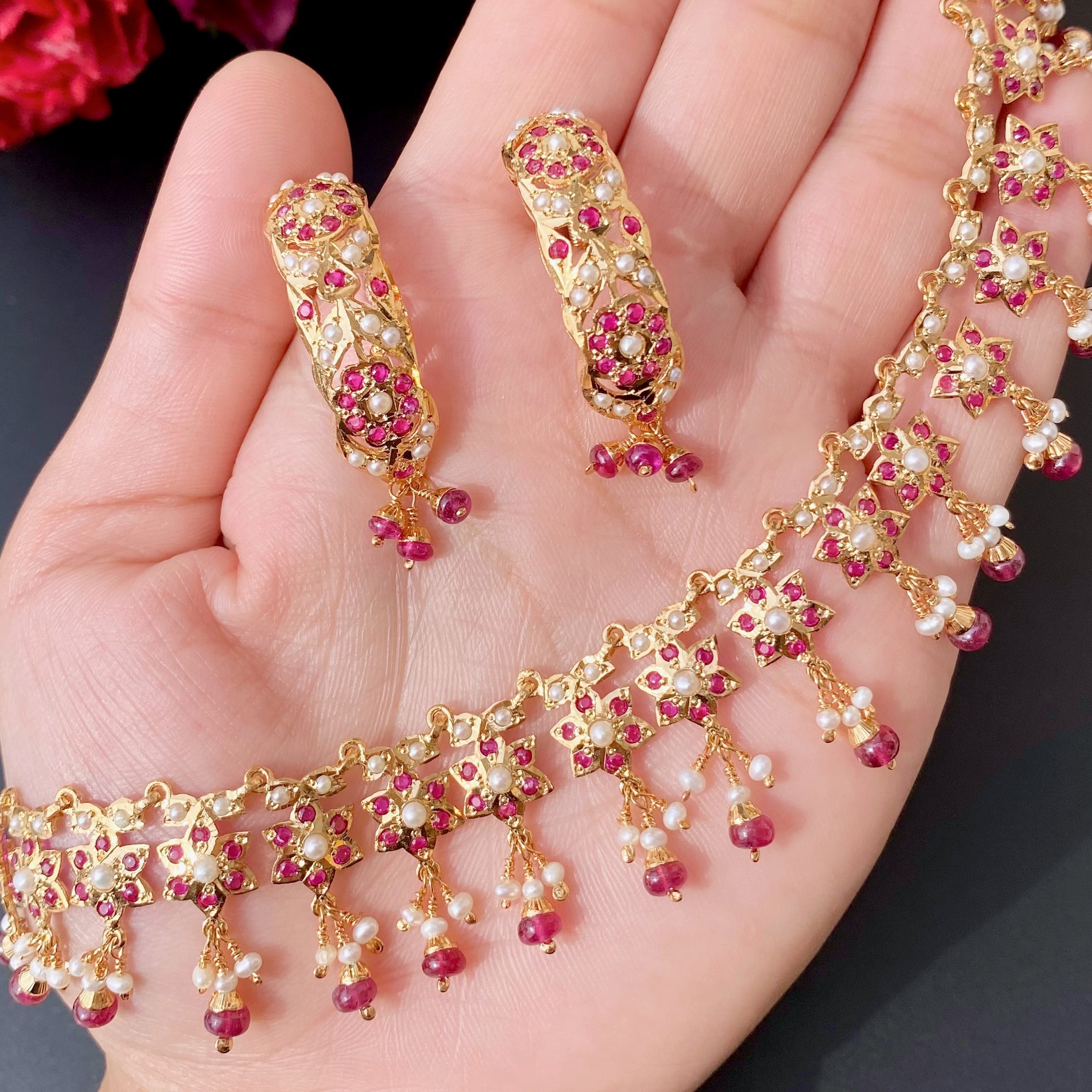 Delicate Ruby Pearl Necklace Set in Gold plated Silver | NS 322