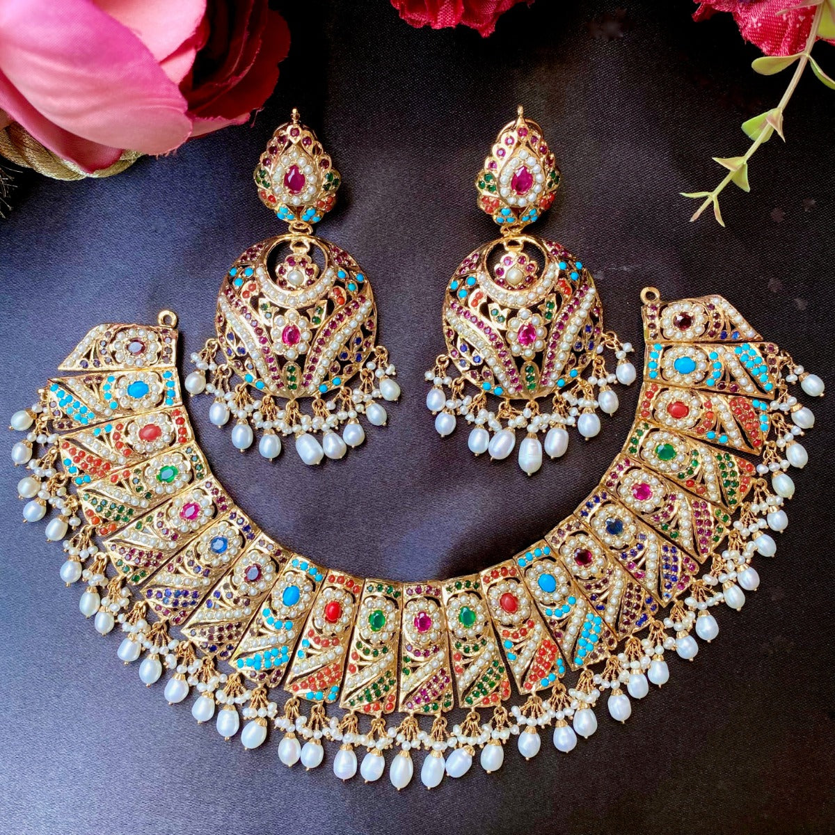 navratna bridal neckalce set under 70000