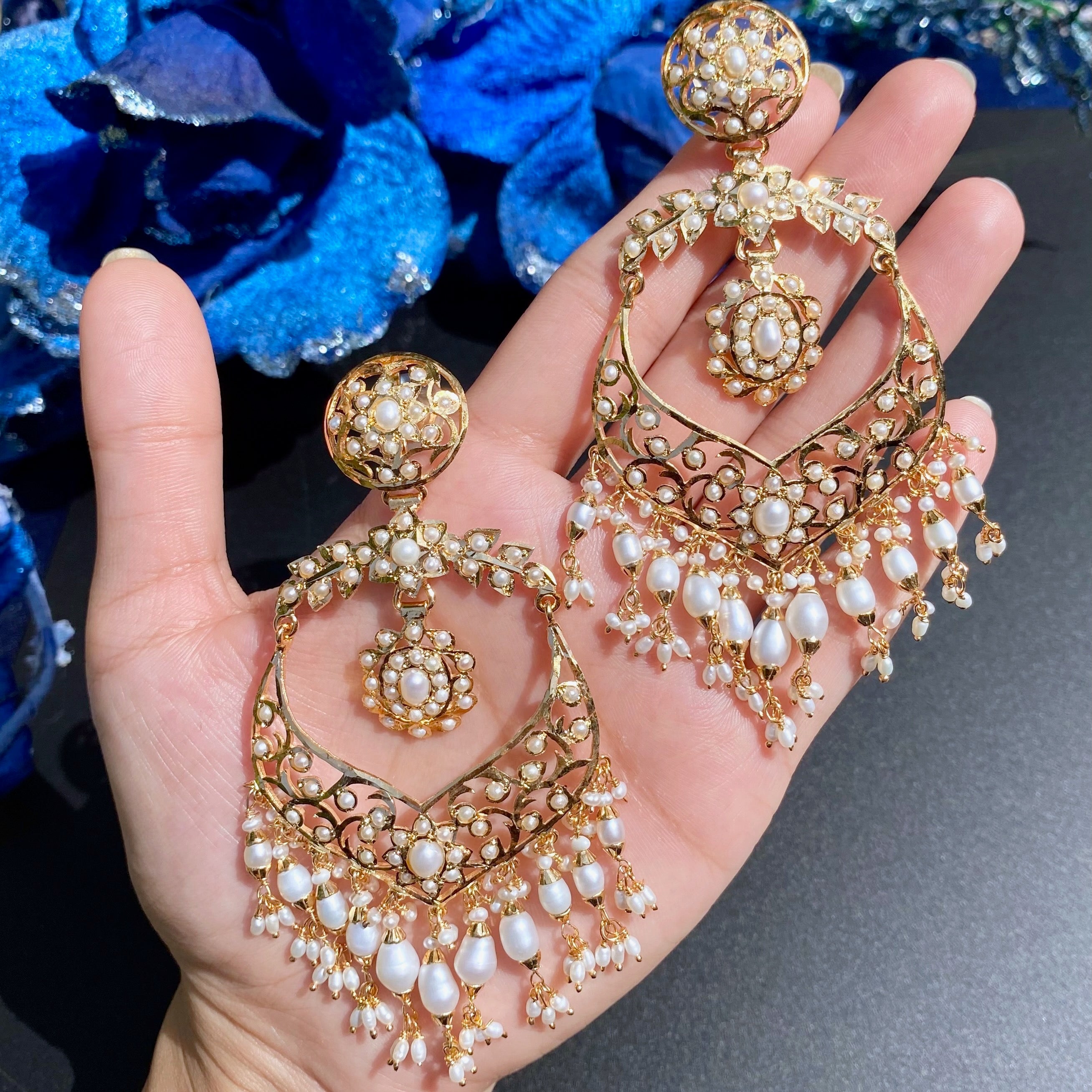 Statement Pearl Chandbali Earrings | Pearl Dangle Drop Earrings | ER 651