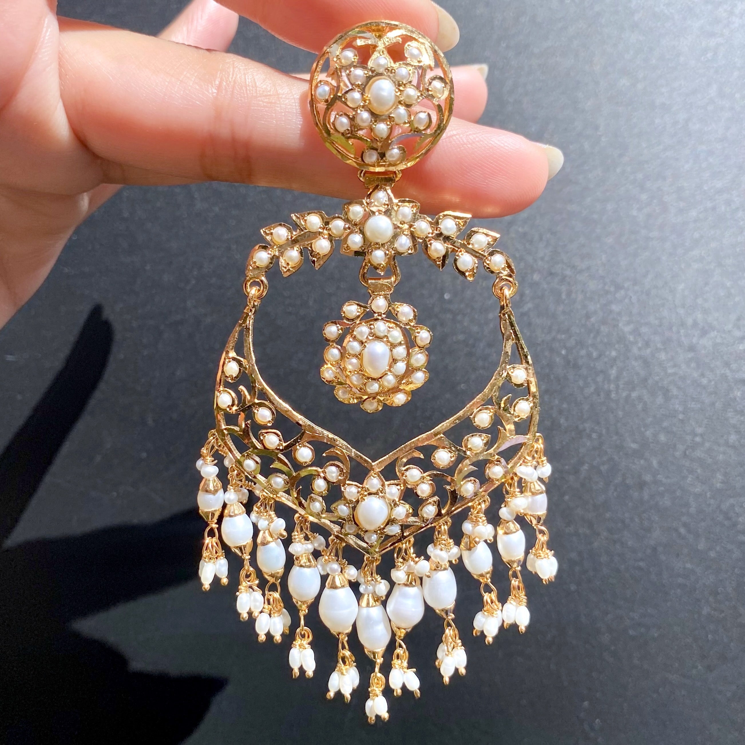 long indian pearl chandbali on silver with gold plating