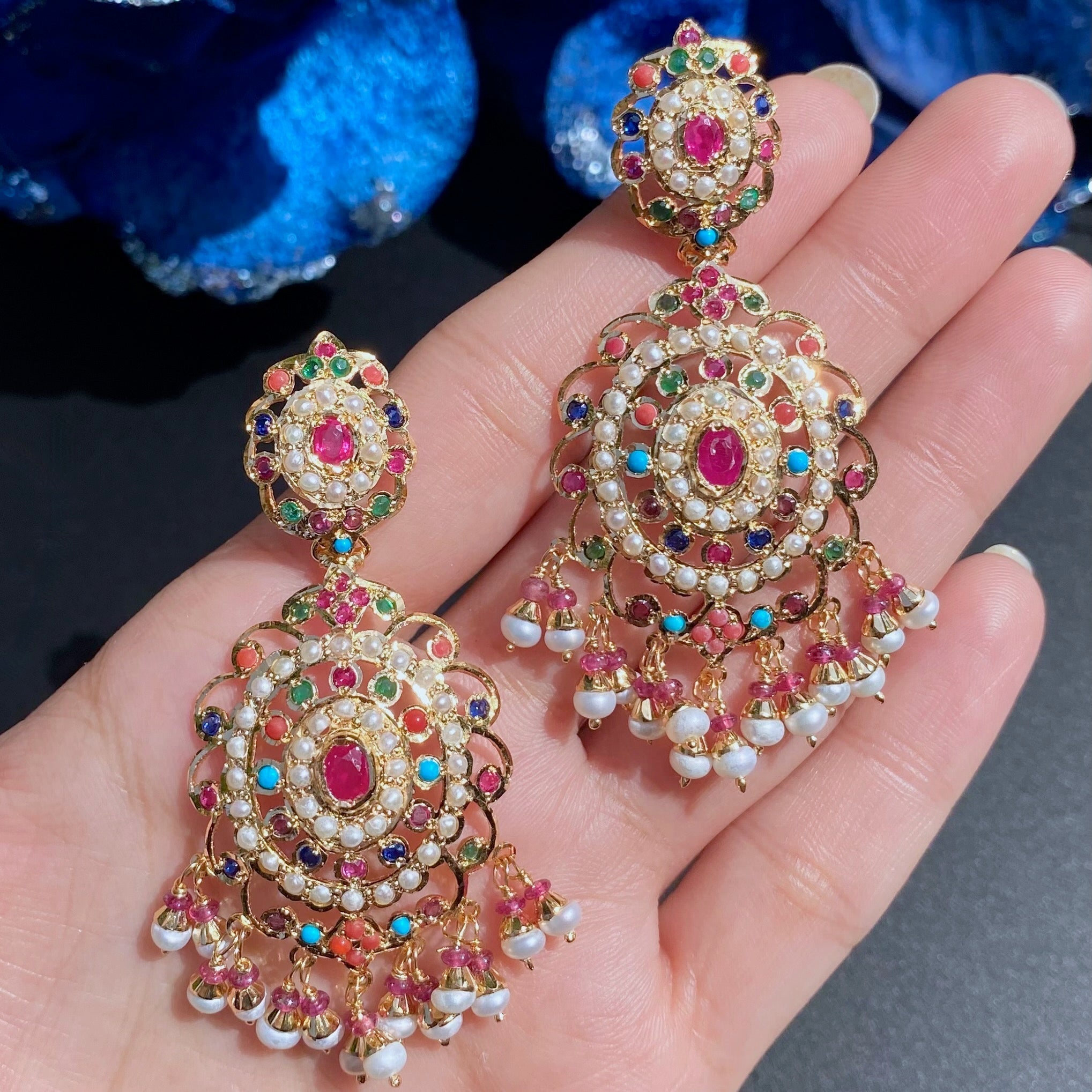 long gold plated silver earrings with navratna stones