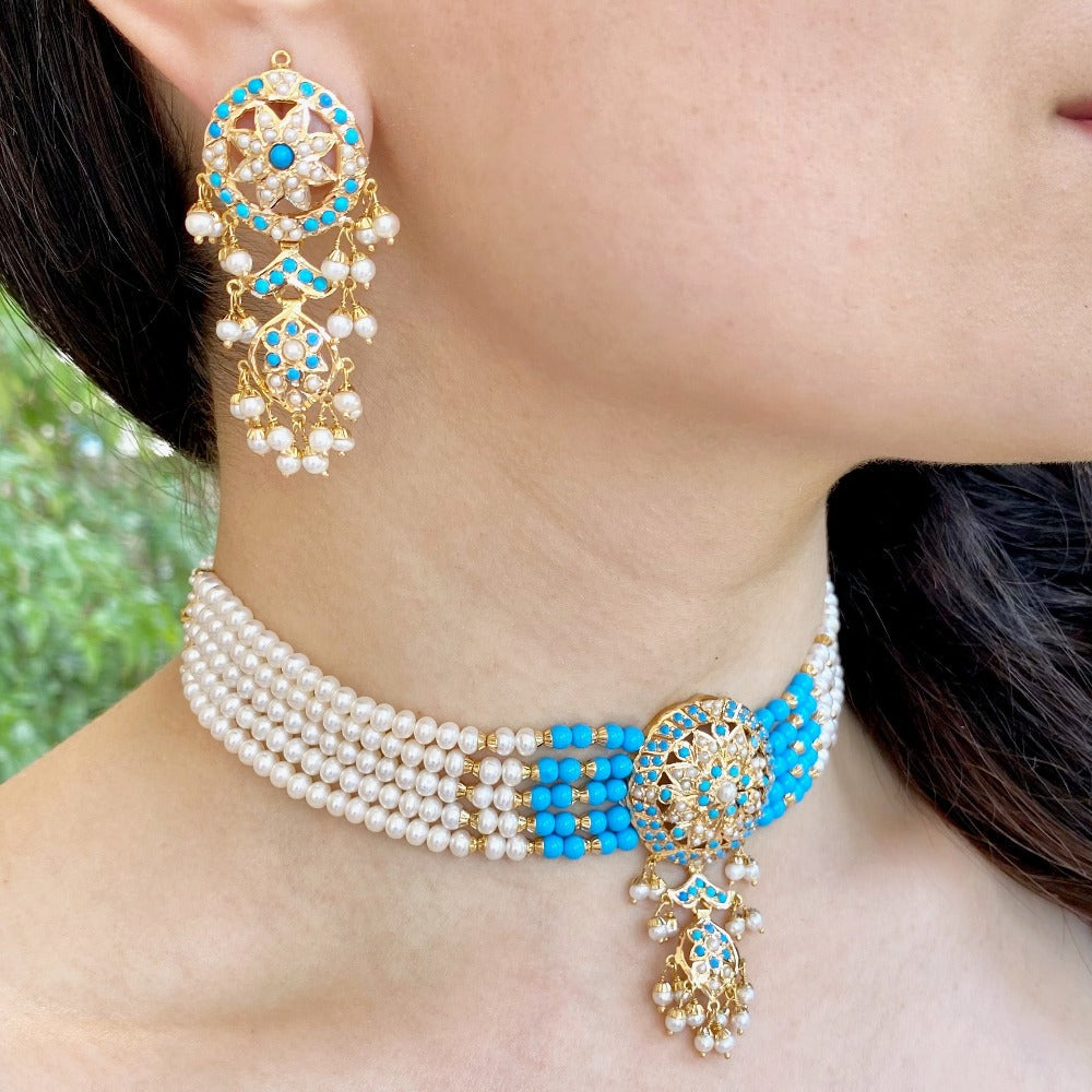 pearl and turquoise choker necklace set in 22k gold