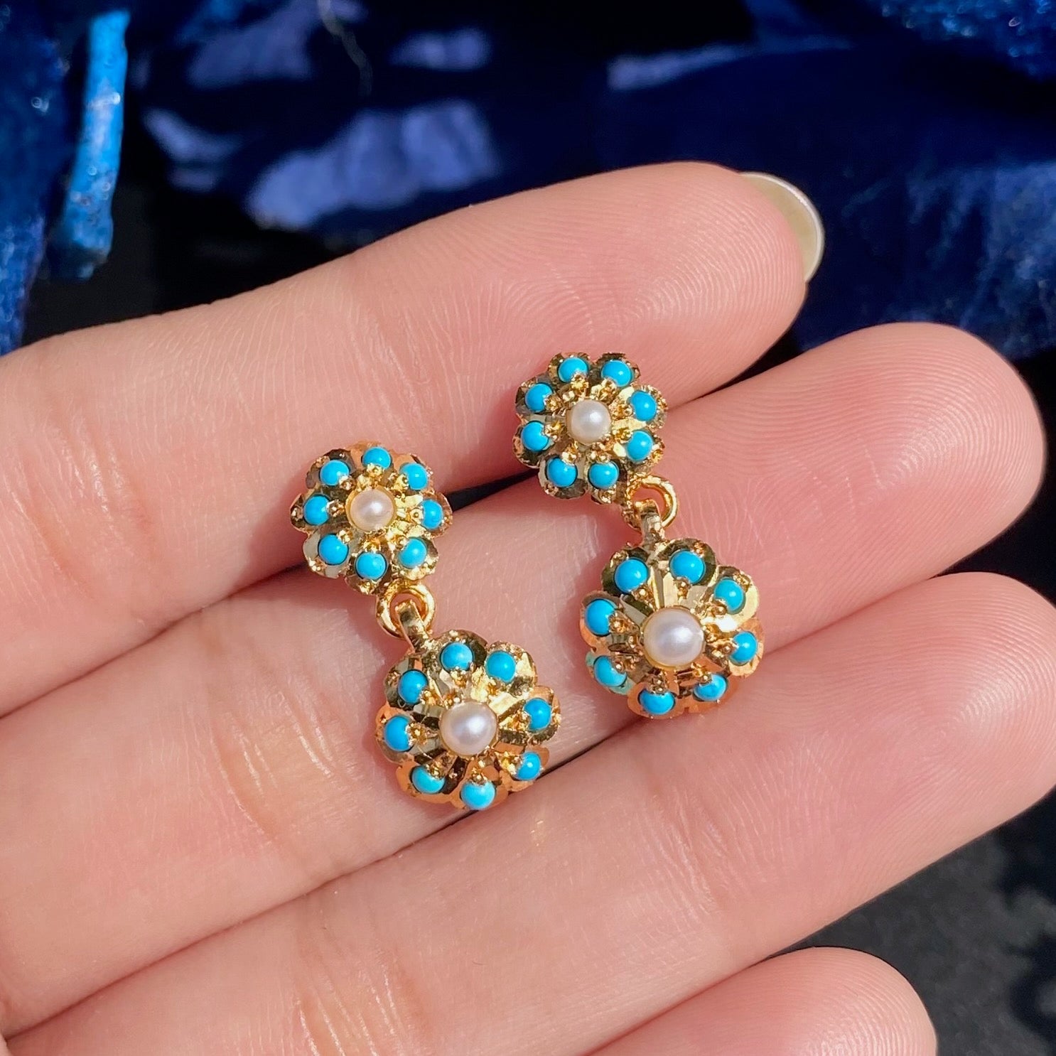 dainty turquoise earrings on silver with gold plating