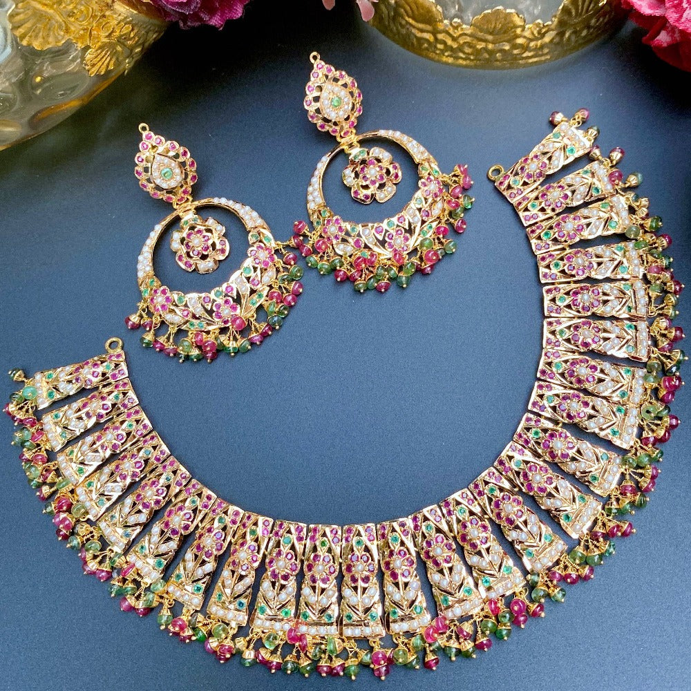 bridal jadau gold set adorned with rubies emeralds pearls