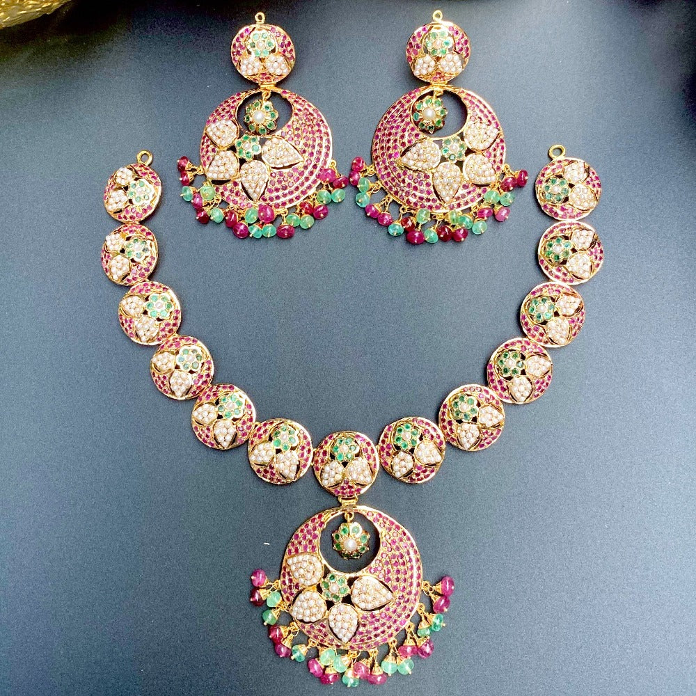 ruby emerald necklace set with chandbali in gold