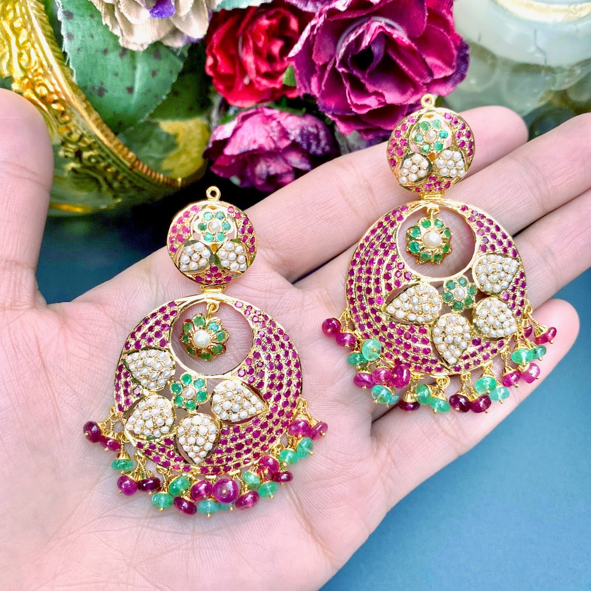 ruby emerald necklace set with chandbali in gold