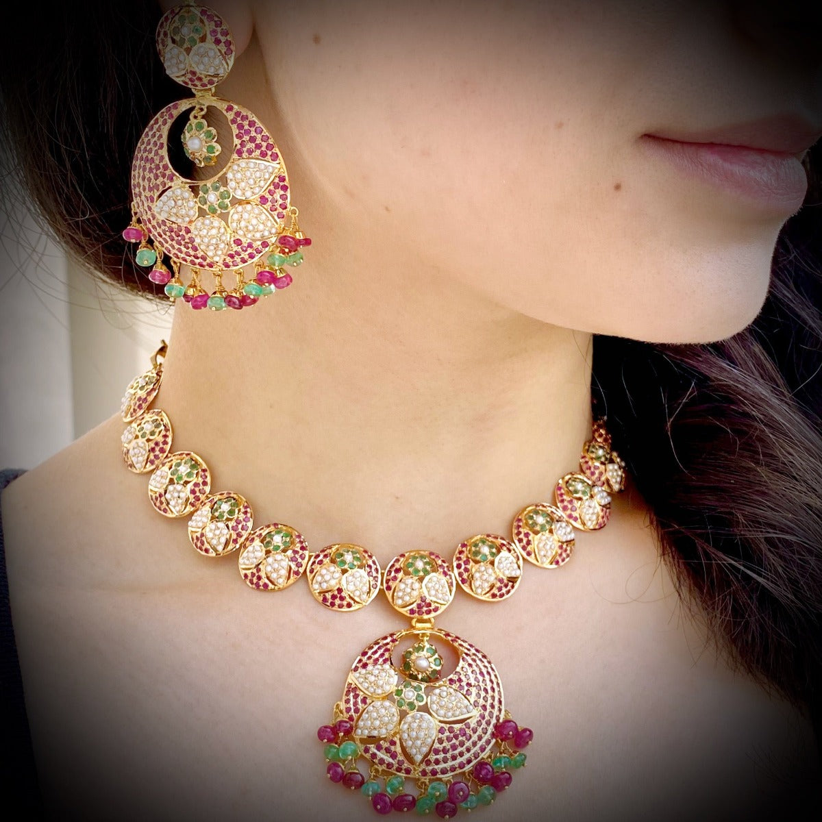 ruby emerald necklace set with chandbali in gold