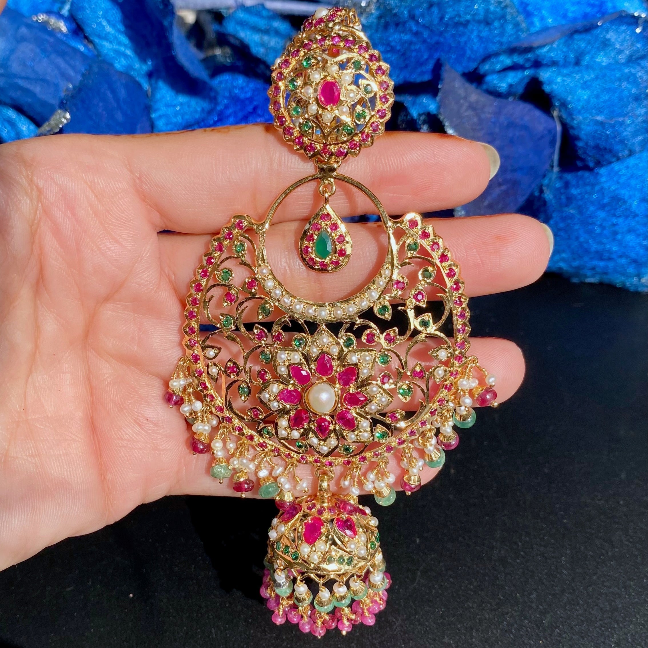 long indian antique jadau earrings studded with stones on silver with gold plating