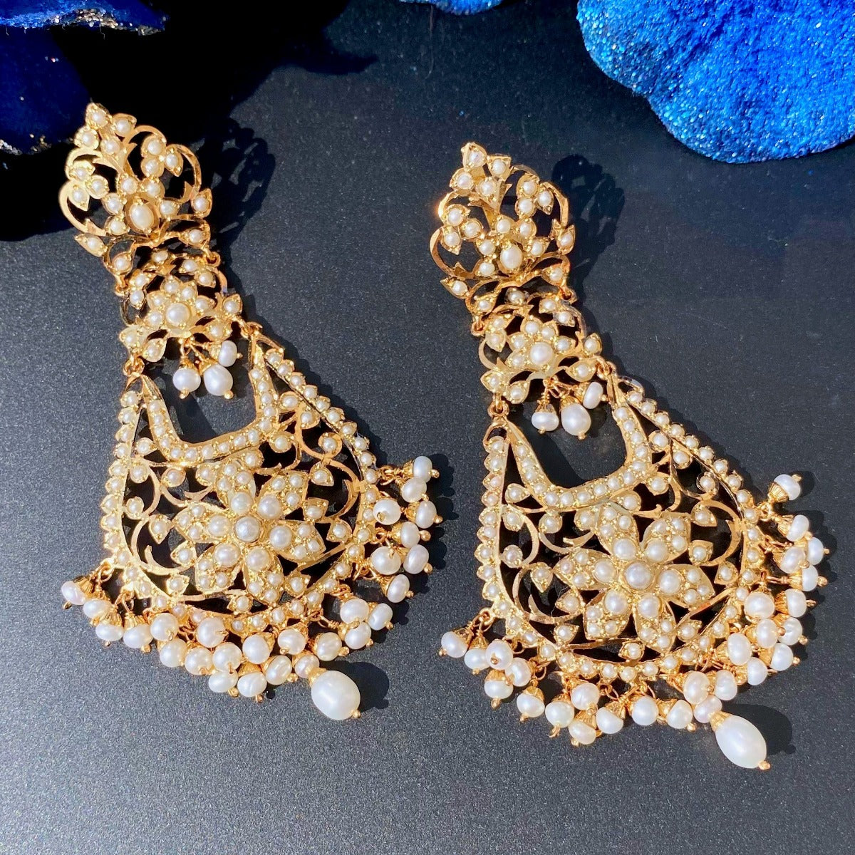 tall indian pearl chandbali earrings for women