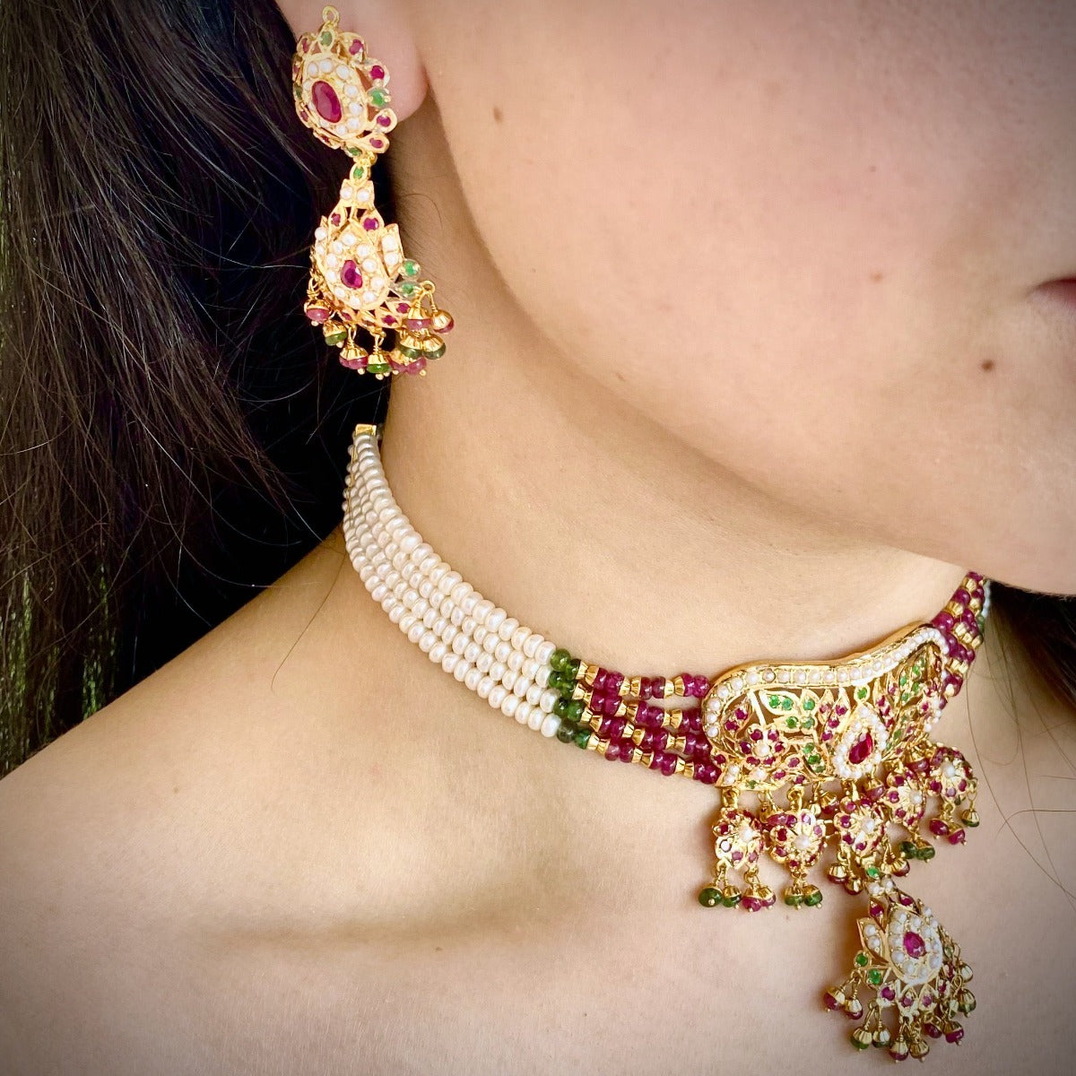 ethnic indian gold choker with ruby emerald stones