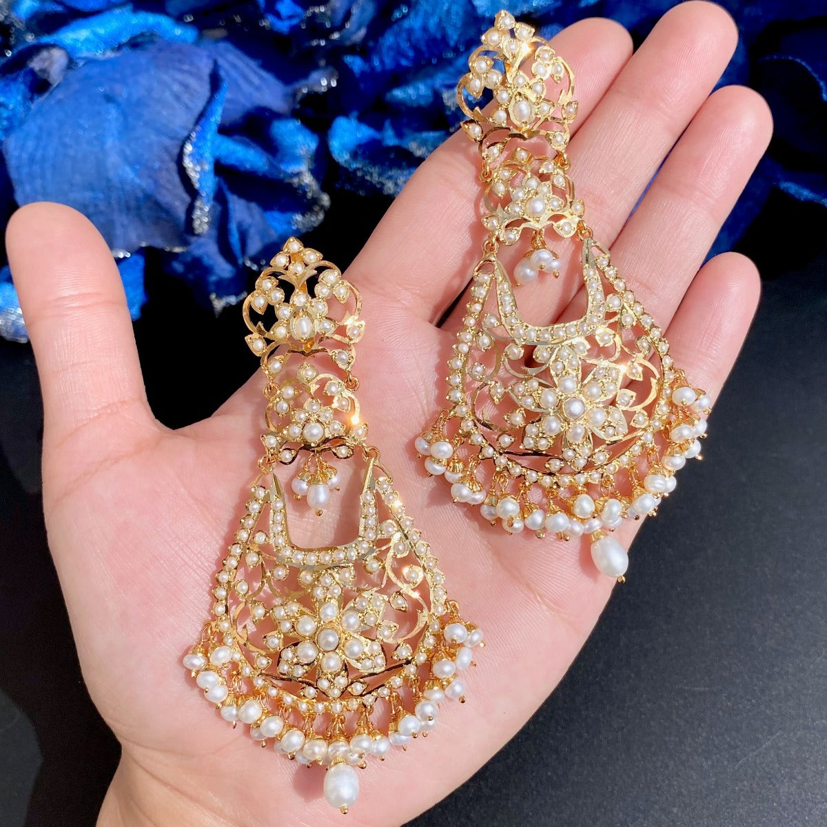 long indian pearl chandbali earrings