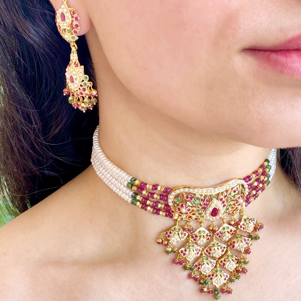 ruby emerald hyderabadi choker set gold