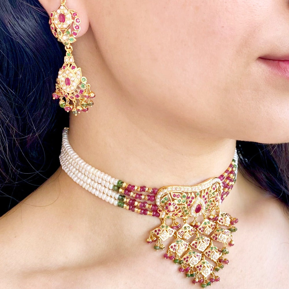 ruby emerald hyderabadi choker set gold