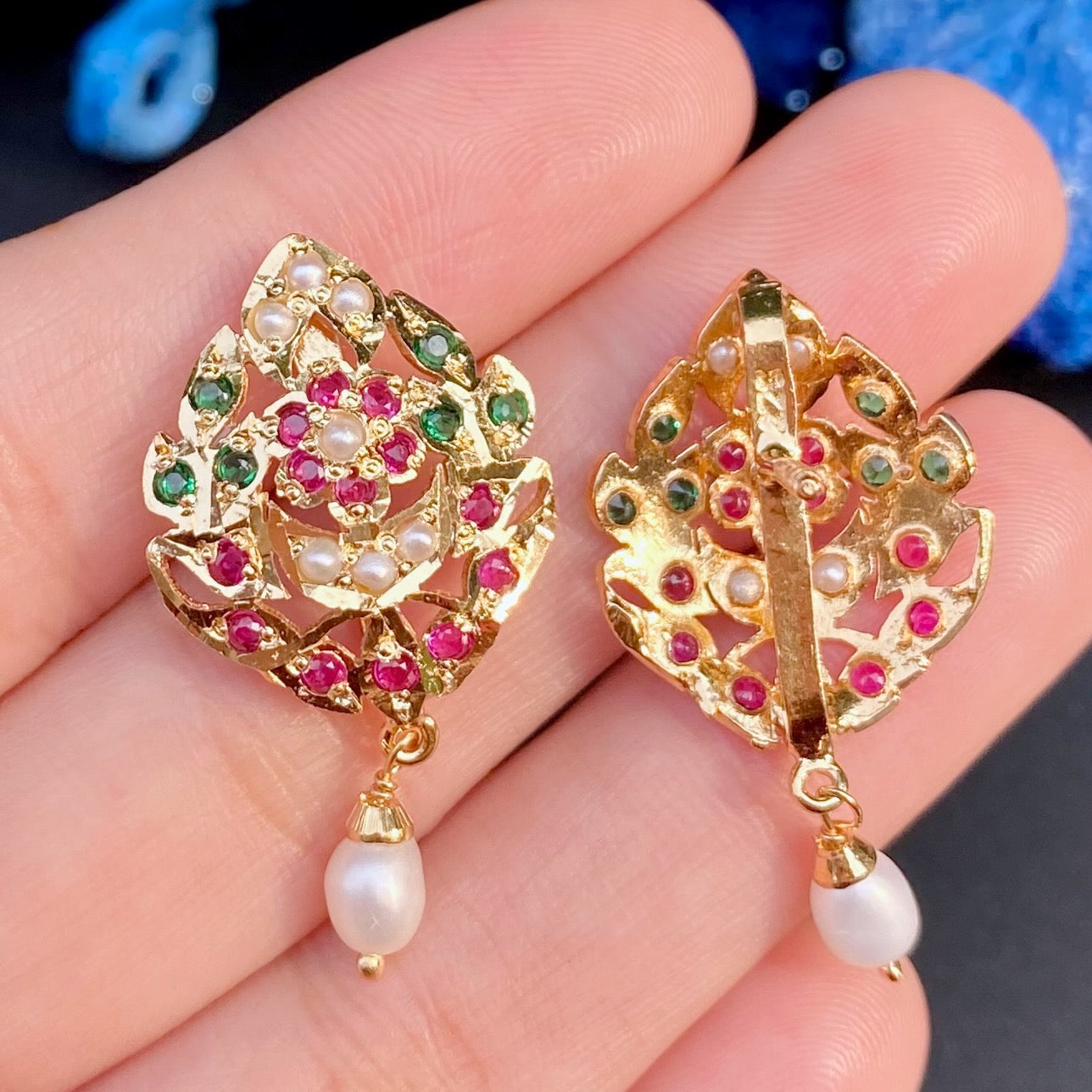 Ruby Emerald Pearl Studs | Gold Plated Jadau Earrings ER 672