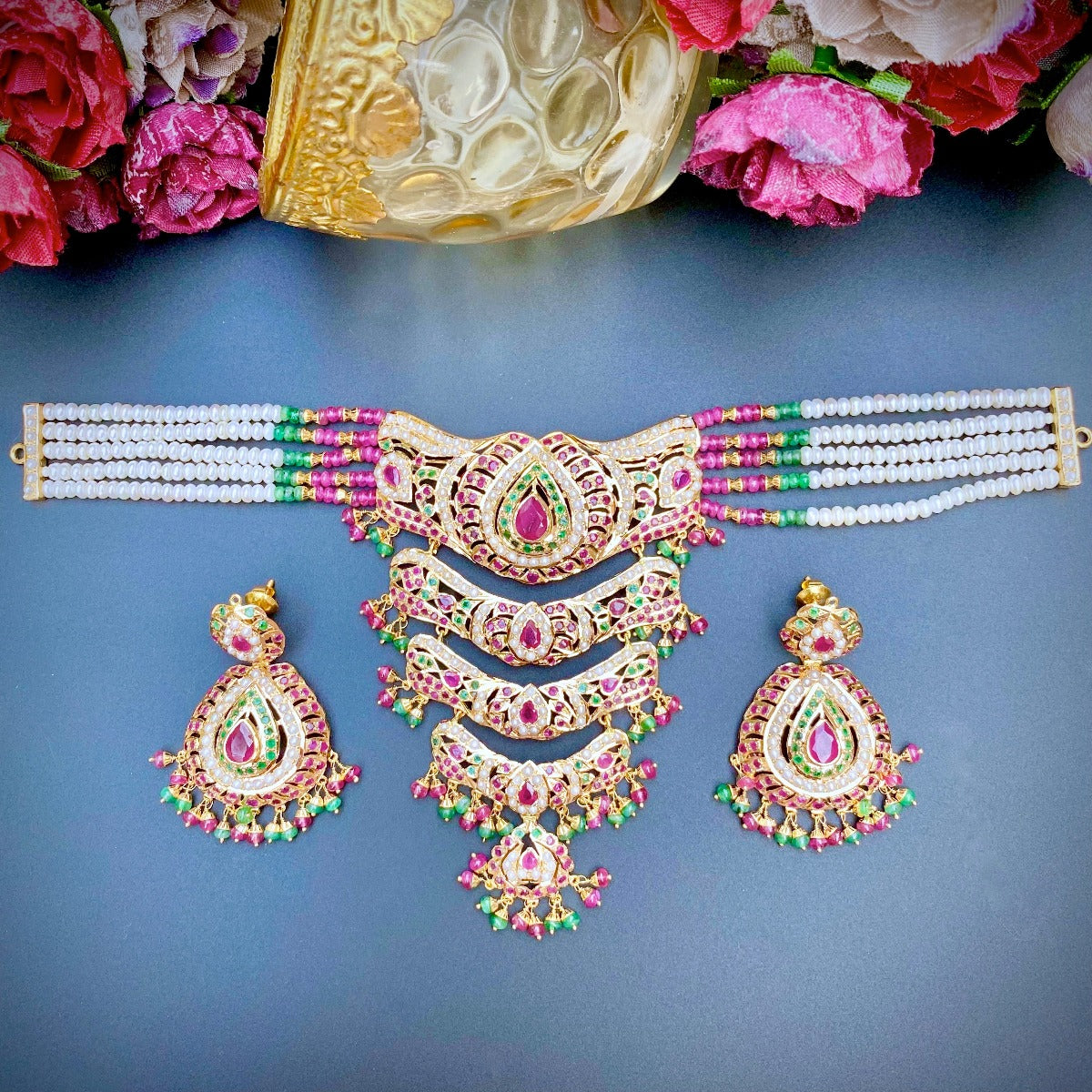 multicolored bridal rajasthani aad choker gold