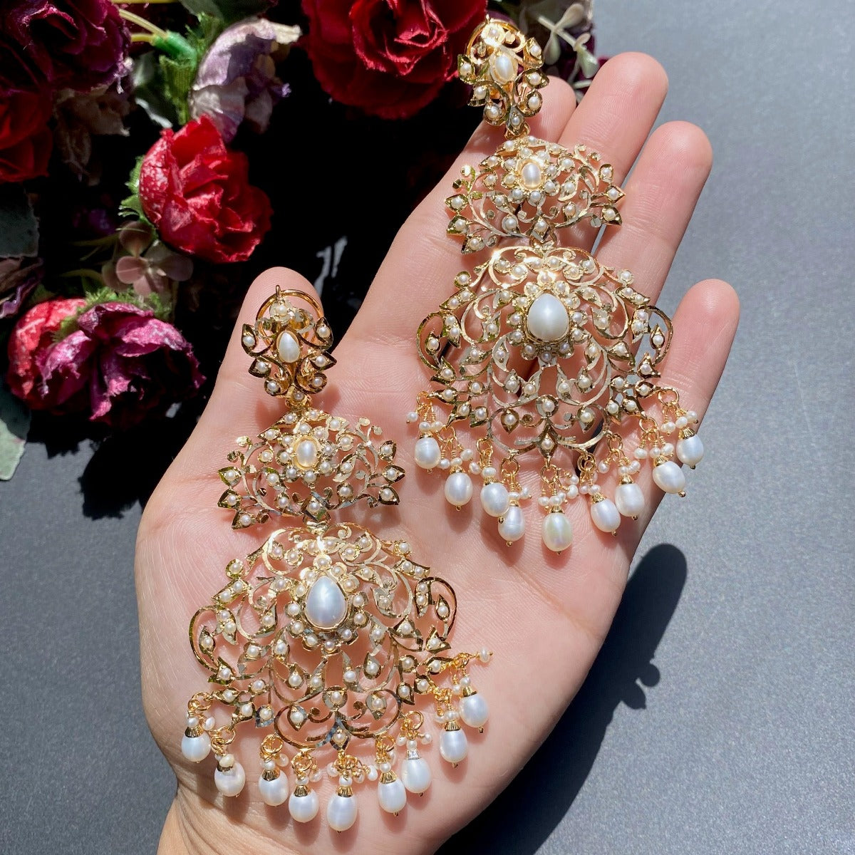 long indian gold plated pearl danglers