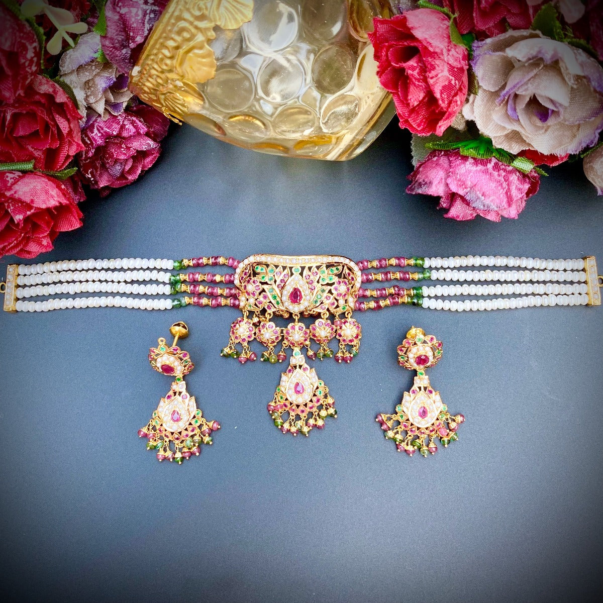 ethnic indian gold choker with ruby emerald stones