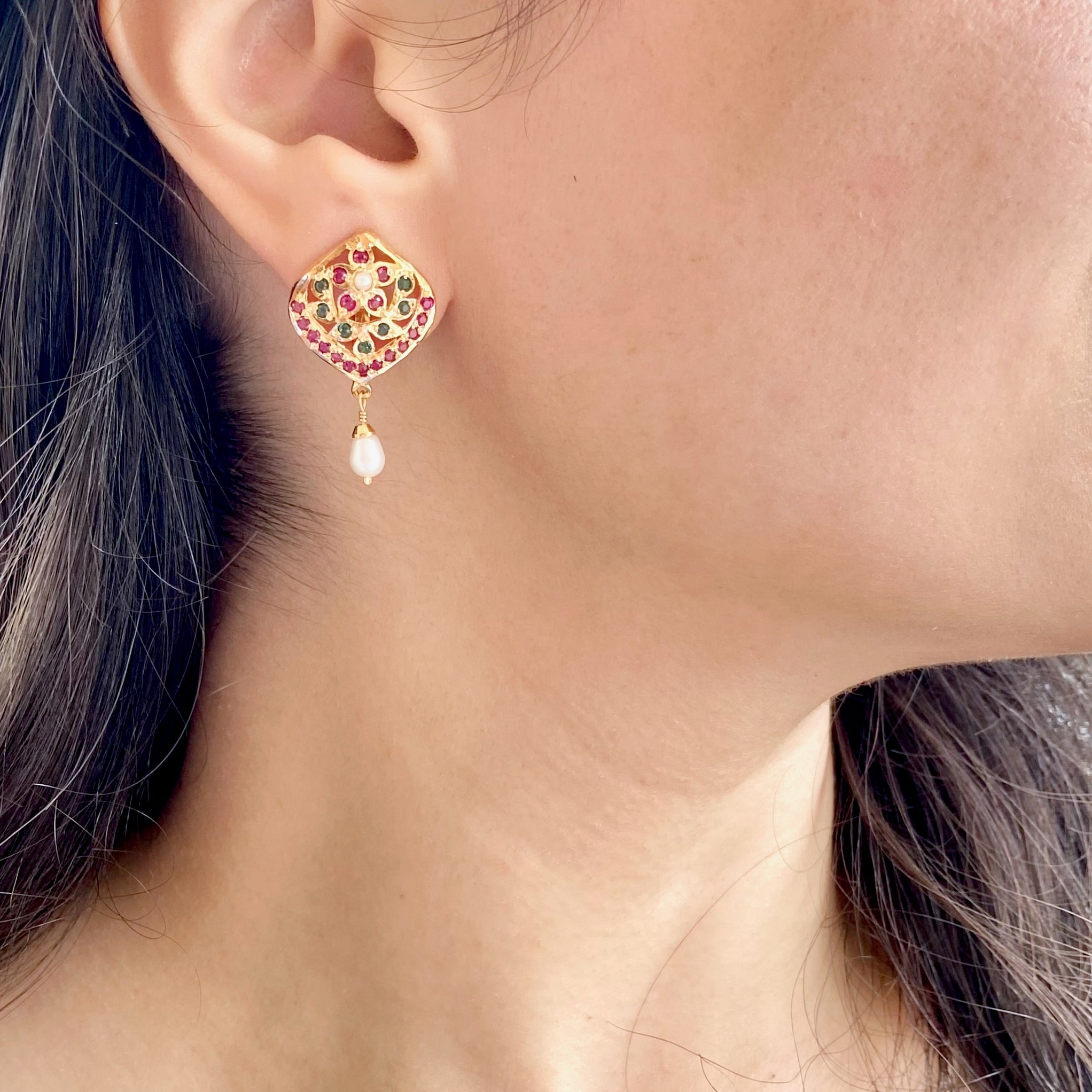 Multicoloured Jadau Stud Earrings | Gold Plated on Sterling Silver ER 663