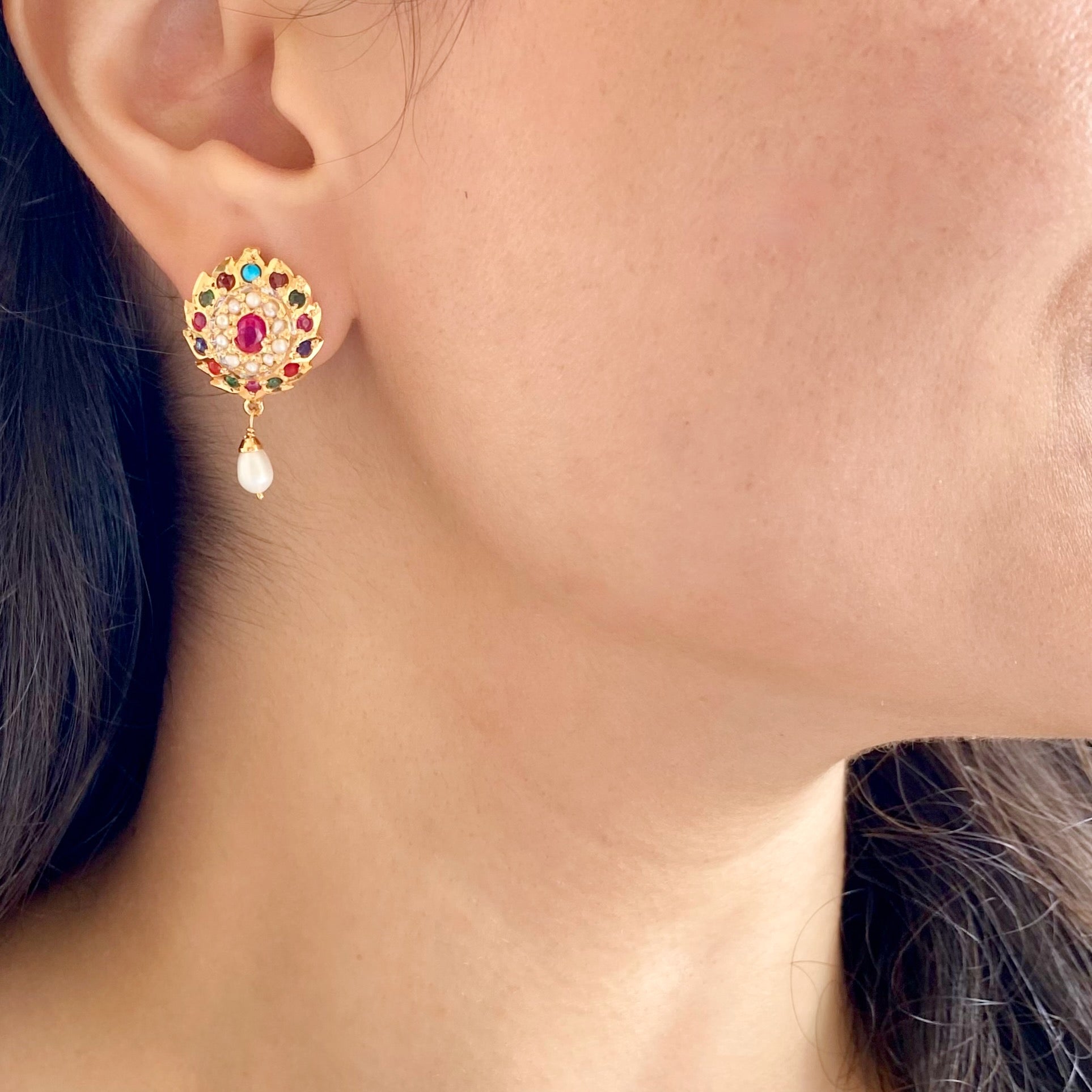 Oval Shaped Small Navaratna Studs For Women | Gold Tone Jewelry on Silver ER 667