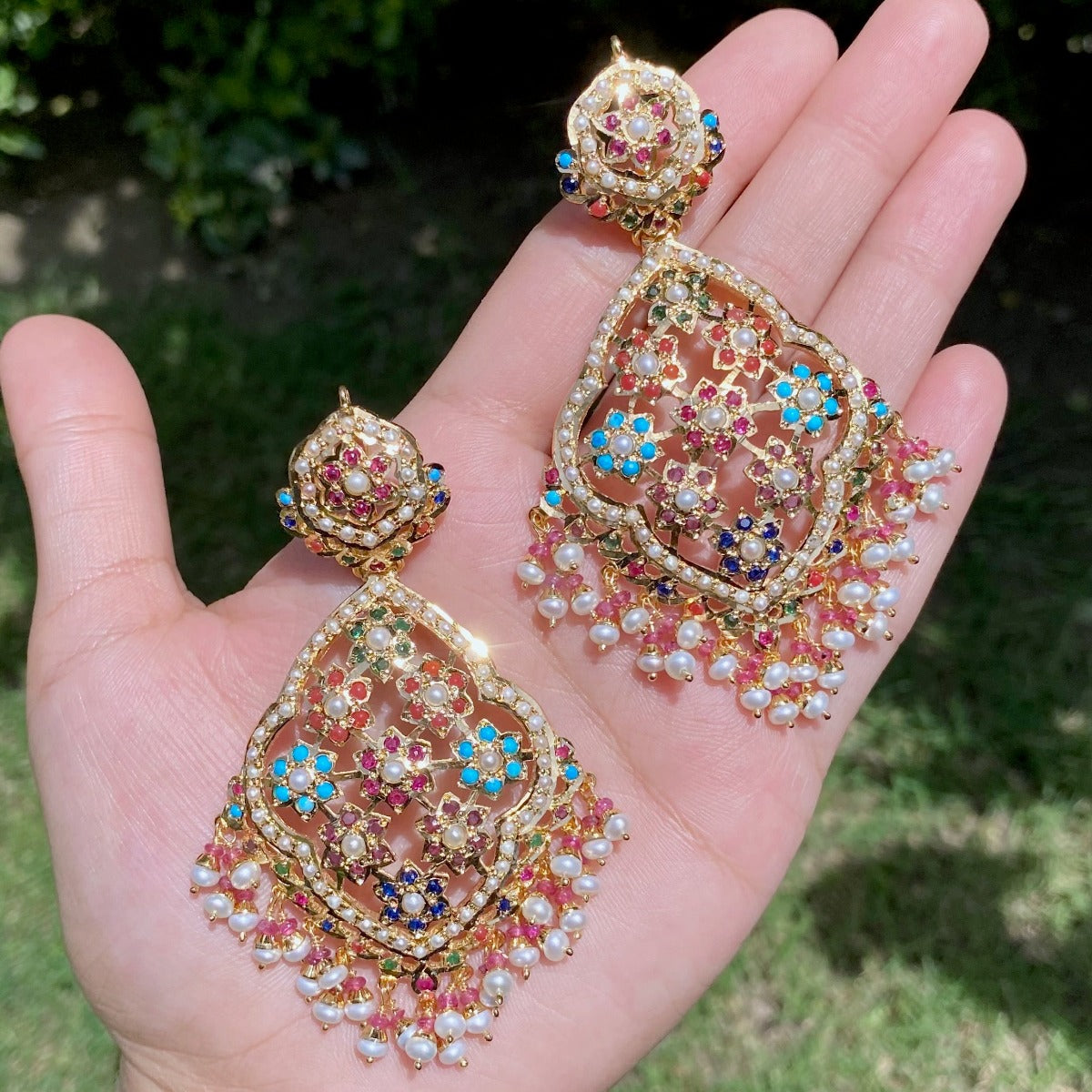 long indian gold plated earrings in Navaratna