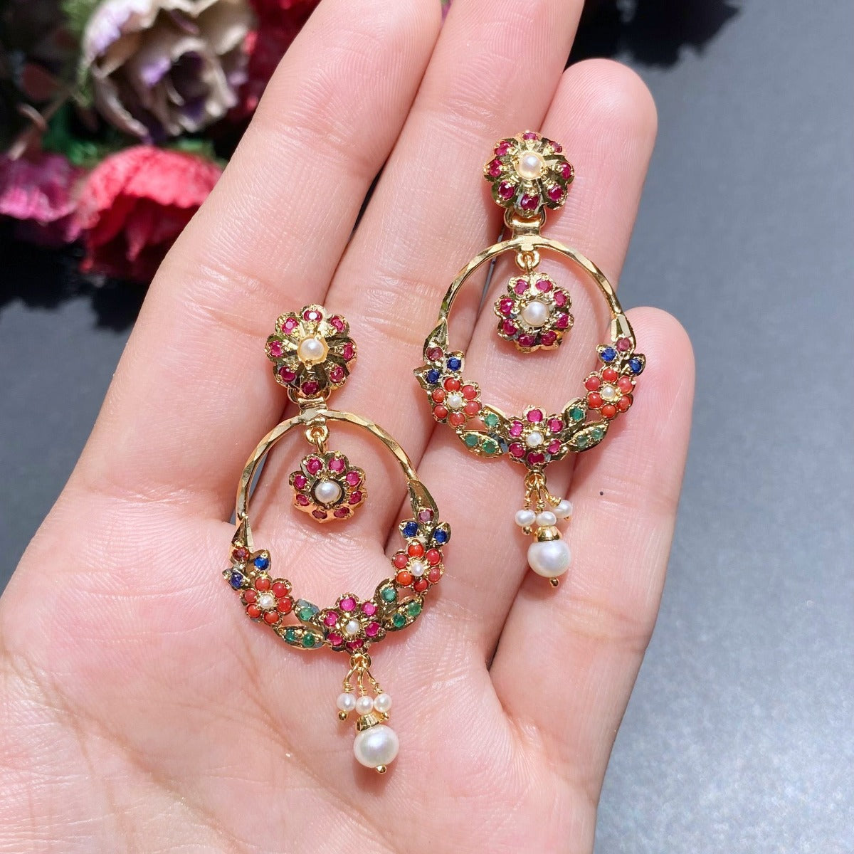 punjabi navratan jadau earrings chandbali