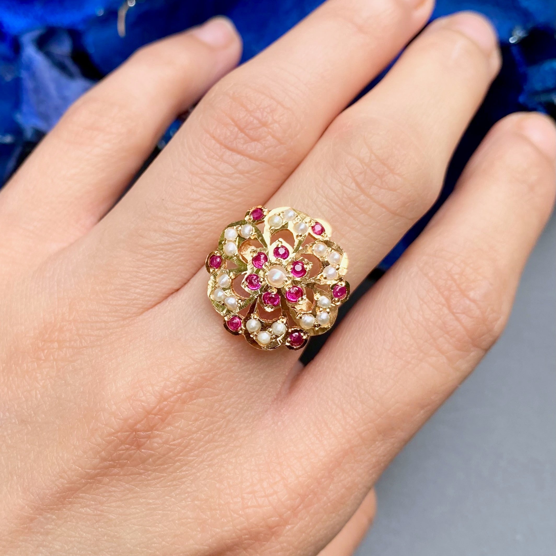 Floral Ruby & Pearl Ring | Gold Plated Jewellery on Silver LR 064