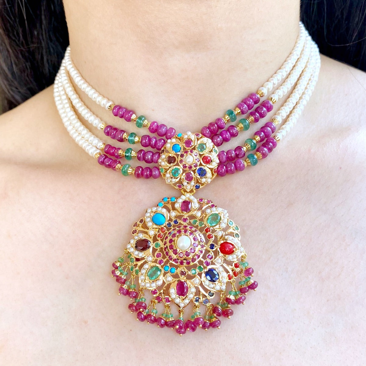 Real Stones Navratna Necklace | 22k Hallmark Jadau Jewellery GNS 112