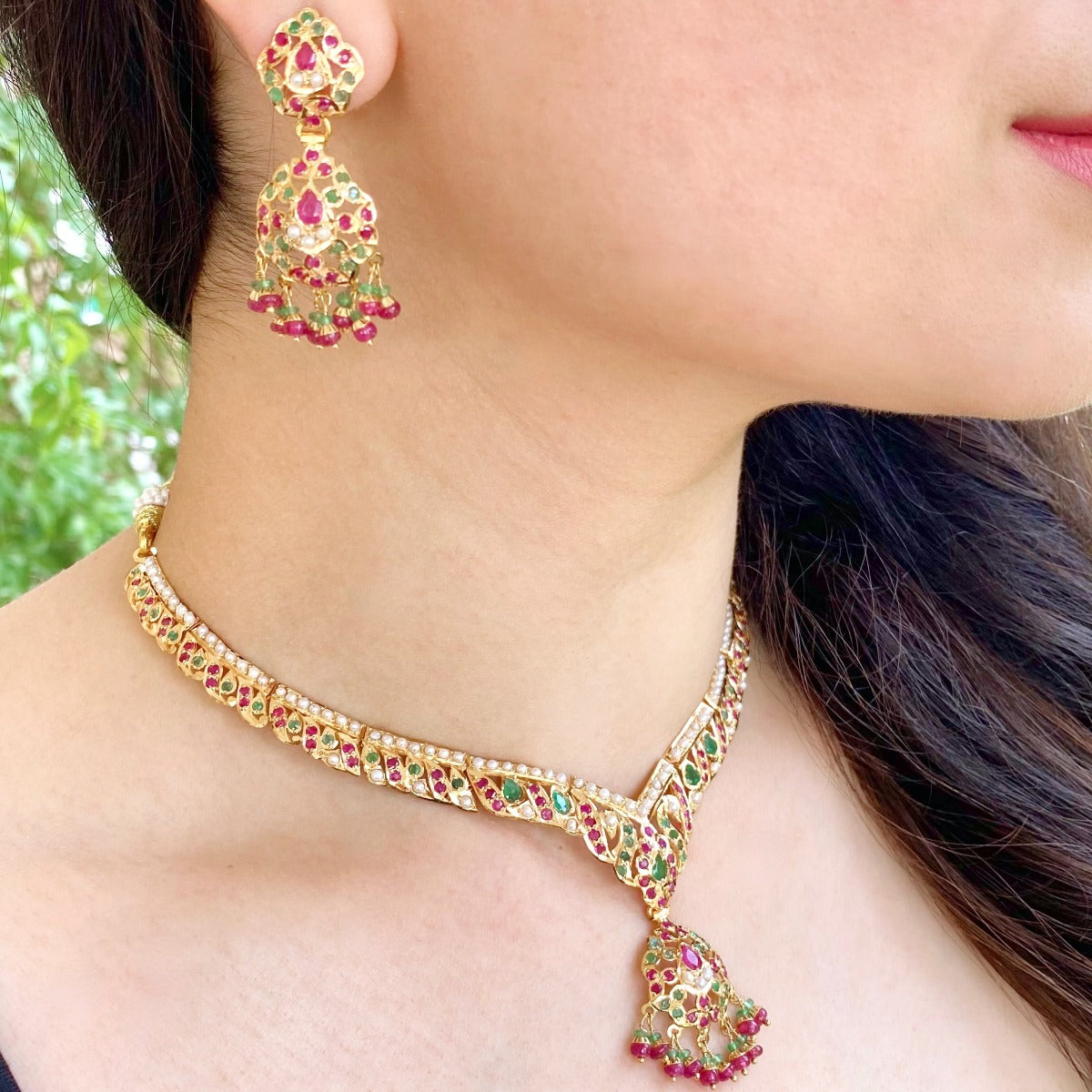 Delicate Multicoloured Indian Necklace set  | 22k Gold | Lightweight Jewelry GNS 183