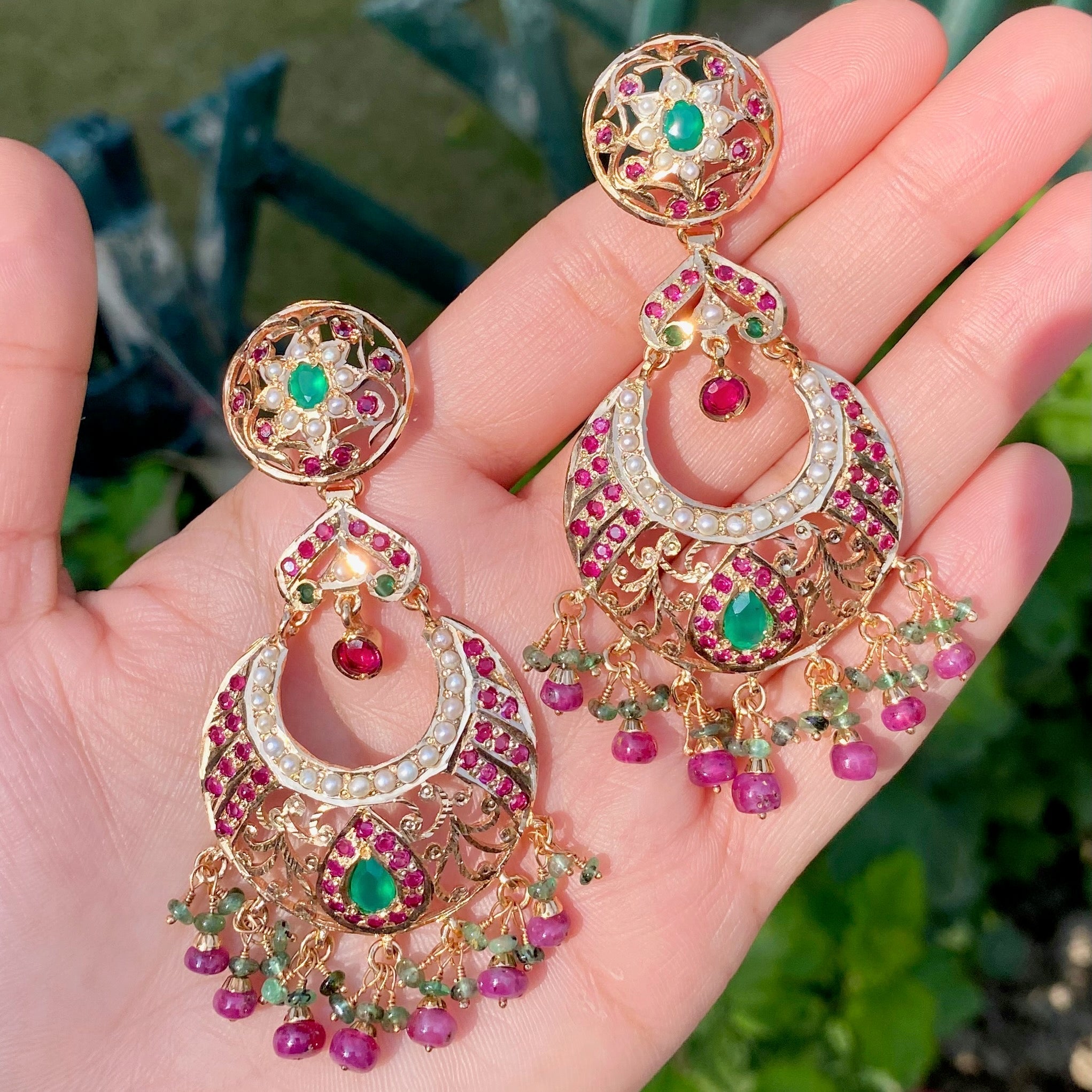 Ruby Emerald Pearl Chandbali Earrings | Gold Plated Chandbali Earrings | ER 680