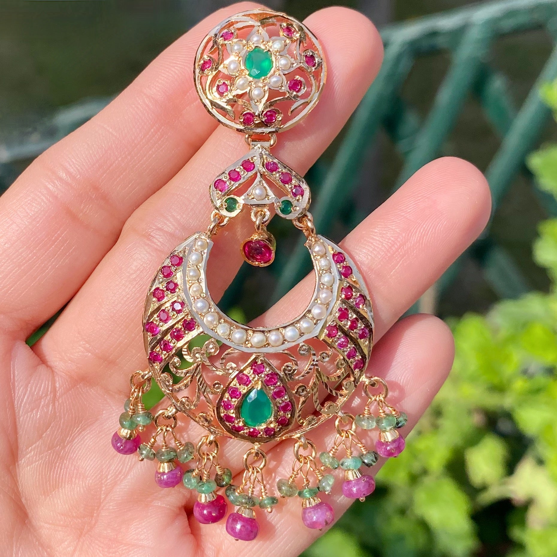 Ruby Emerald Pearl Chandbali Earrings | Gold Plated Chandbali Earrings | ER 680