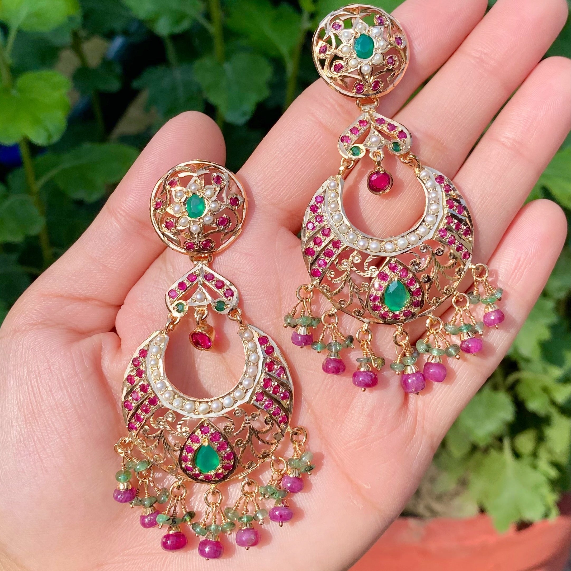 Ruby Emerald Pearl Chandbali Earrings | Gold Plated Chandbali Earrings | ER 680