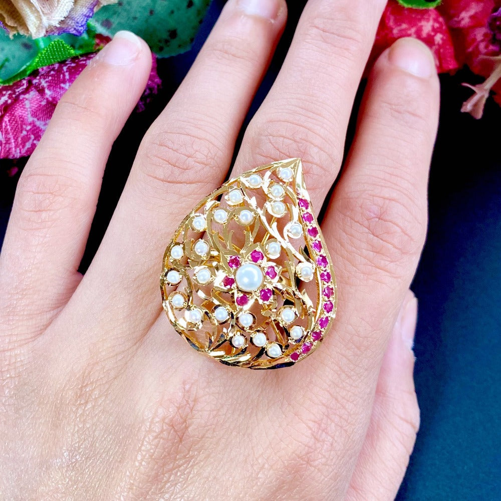 22k Cocktail Ring Studded with Pearls and Rubies GLR 029