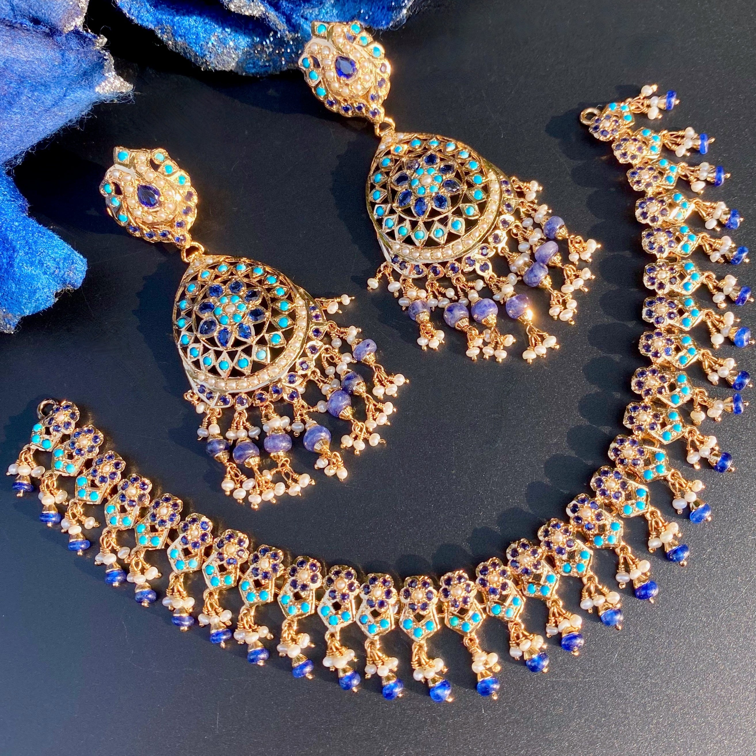 Turquoise Sapphire Pearl Necklace Set | Bohemian Jewellery | Afghani Jewellery | NS 497