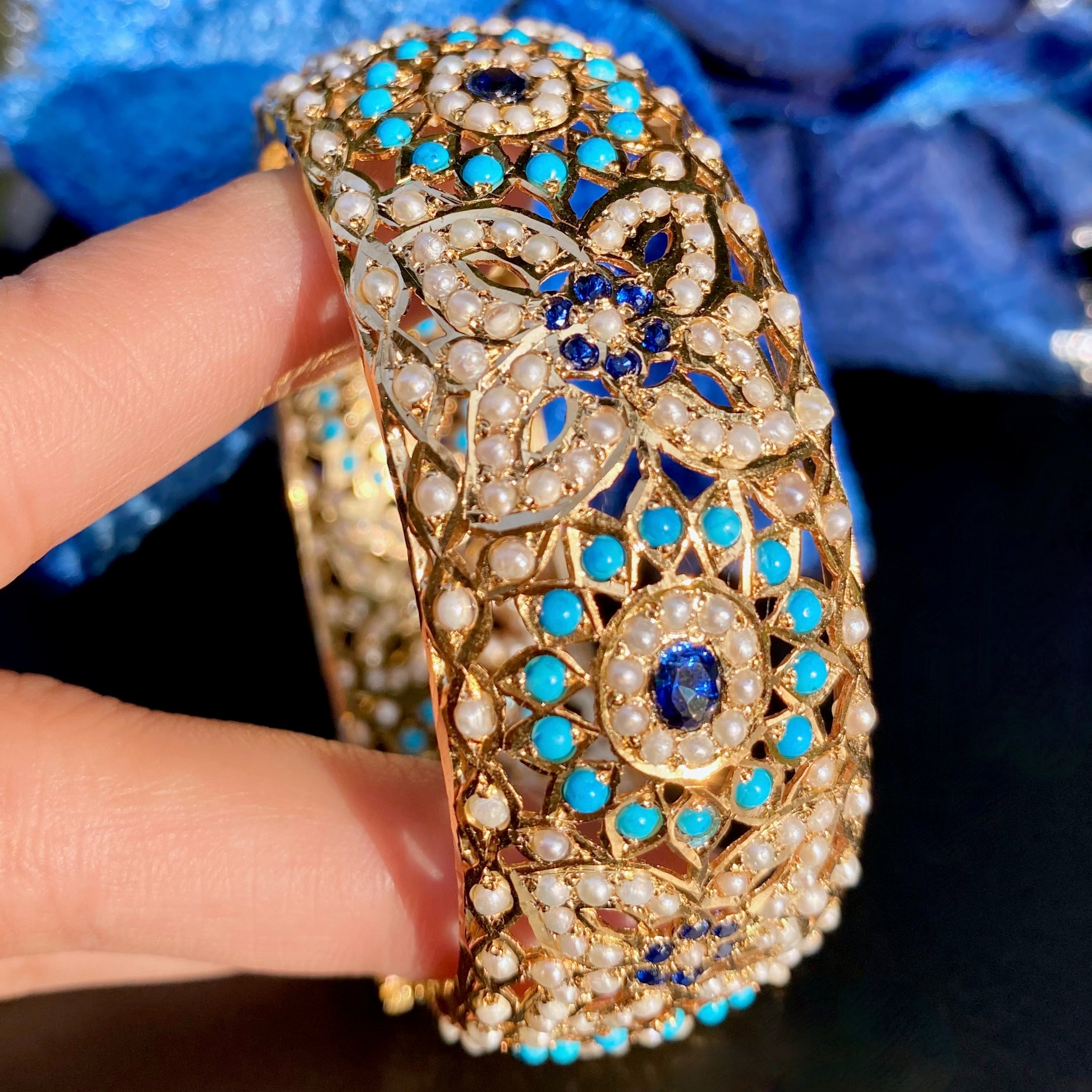 Turquoise Pearl Sapphire Kada | Broad Bangles | Gold Plated Silver | BG 097